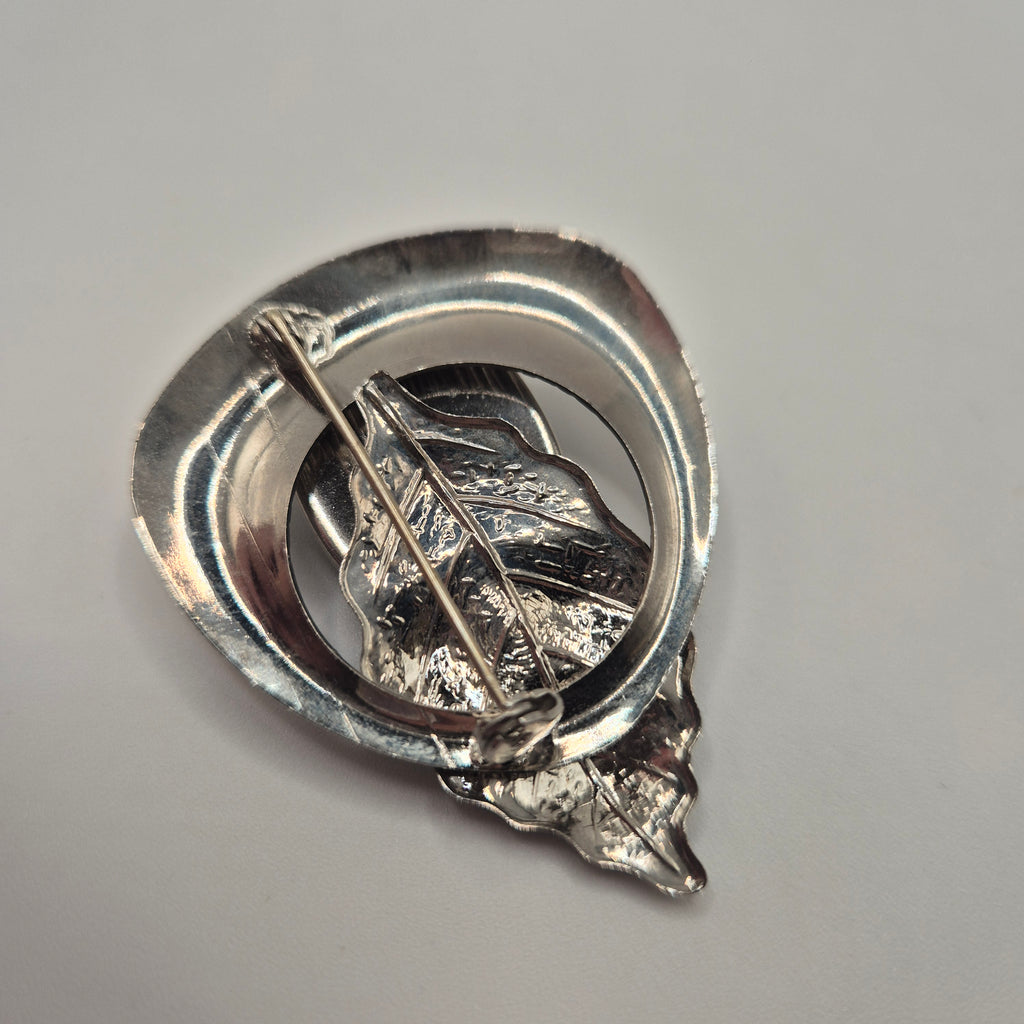 80er Jahre Vintage Brosche silberfarben schwarz Eichenblatt