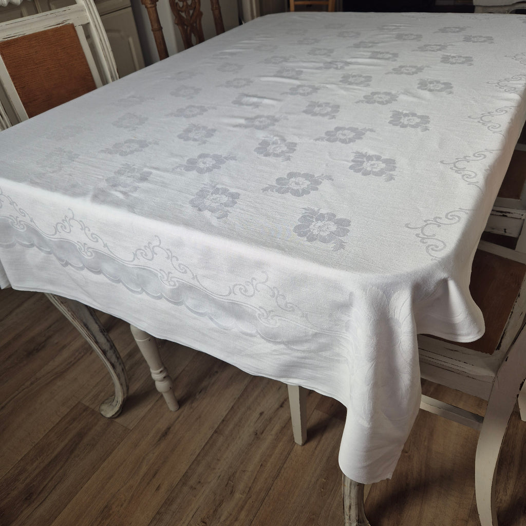 Vintage Tischdecke Damast weiß 110x160cm Art Jugendstil