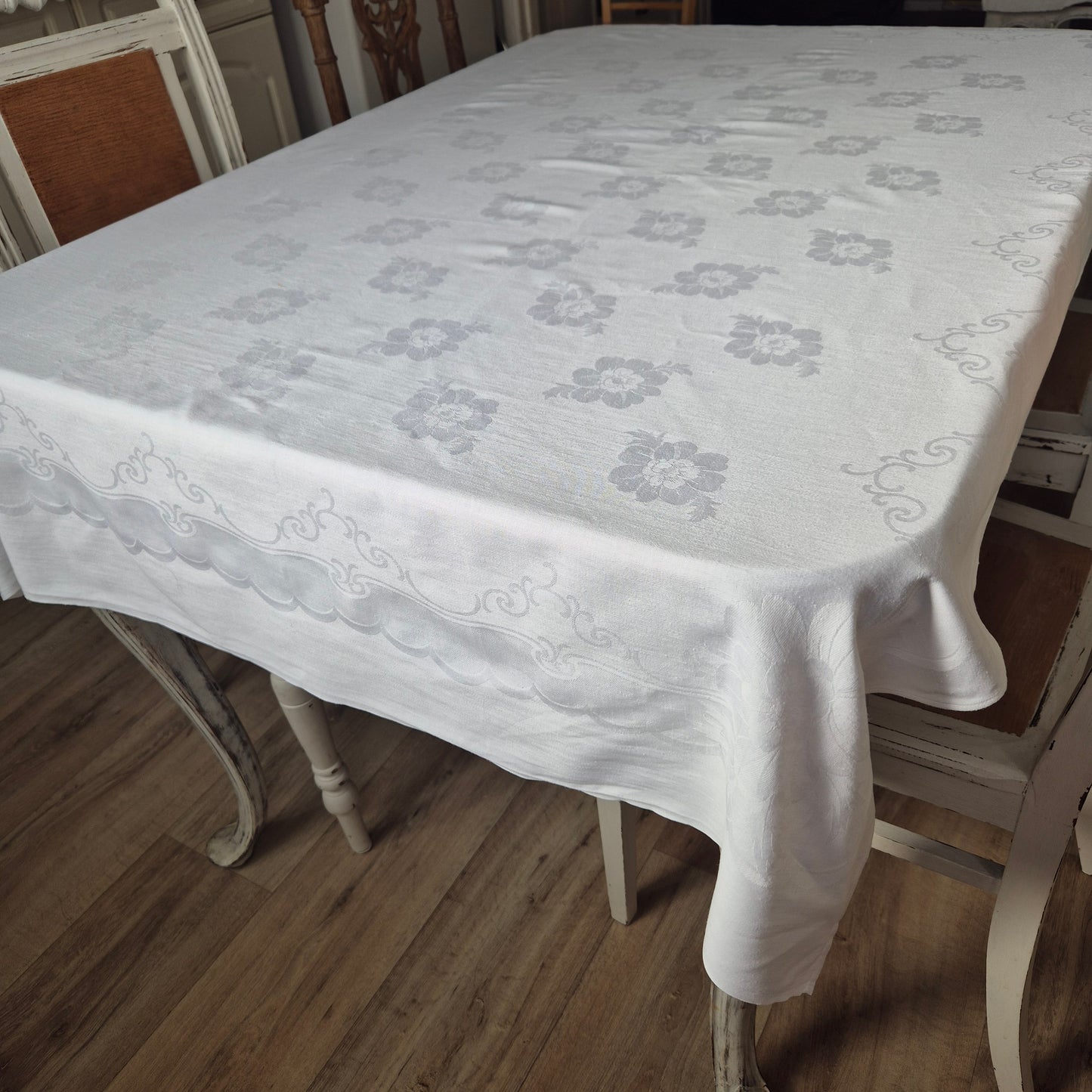 Vintage Tischdecke Damast weiß 110x160cm Art Jugendstil