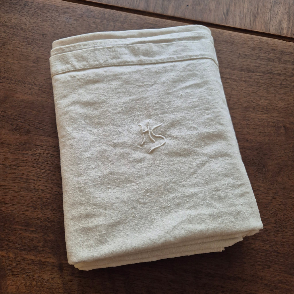 Antikes Jugendstil Baumwolle/Leinen Bettlaken 155x220cm Monogramm H.S beige creme ♡