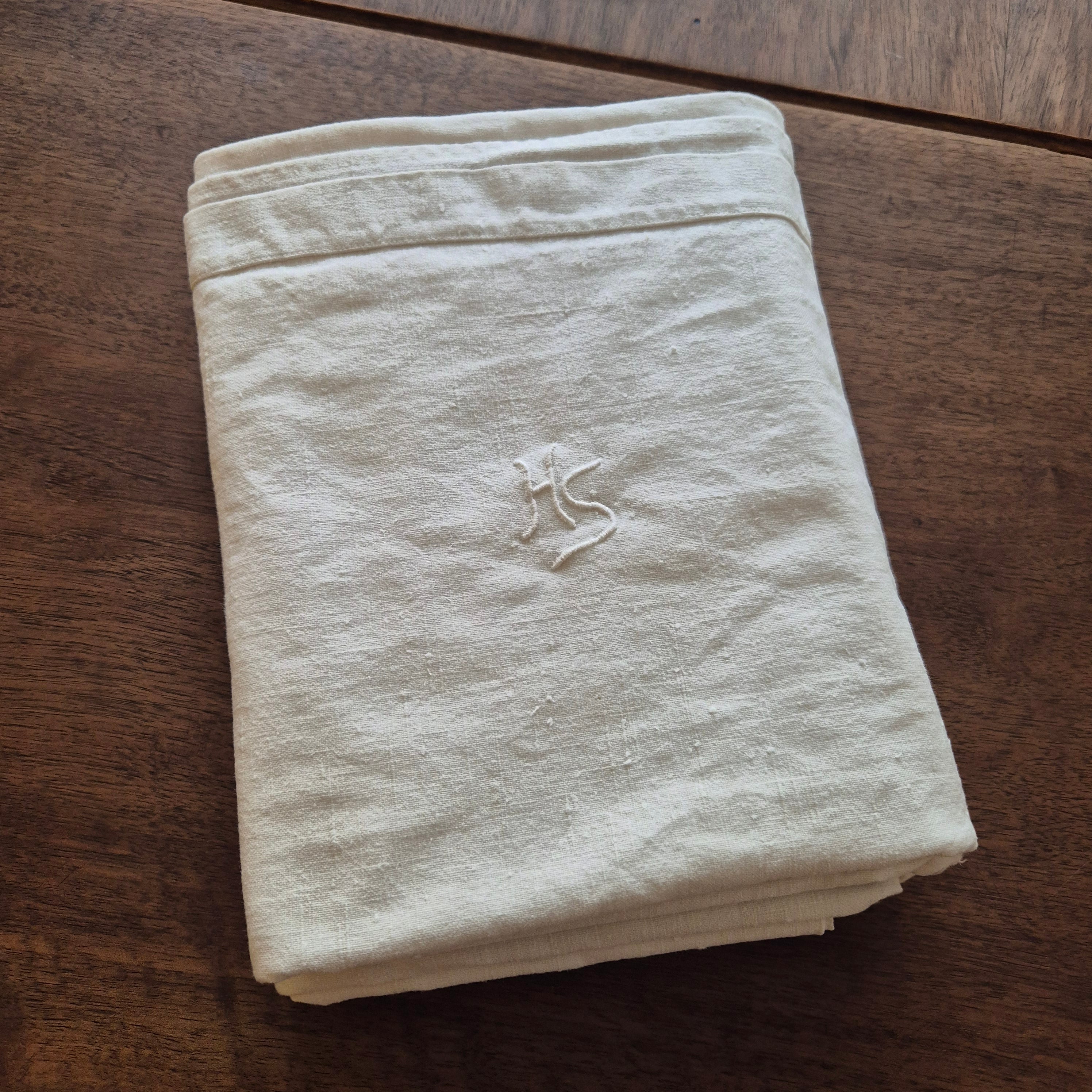 Antikes Jugendstil Baumwolle/Leinen Bettlaken 155x220cm Monogramm H.S beige creme ♡