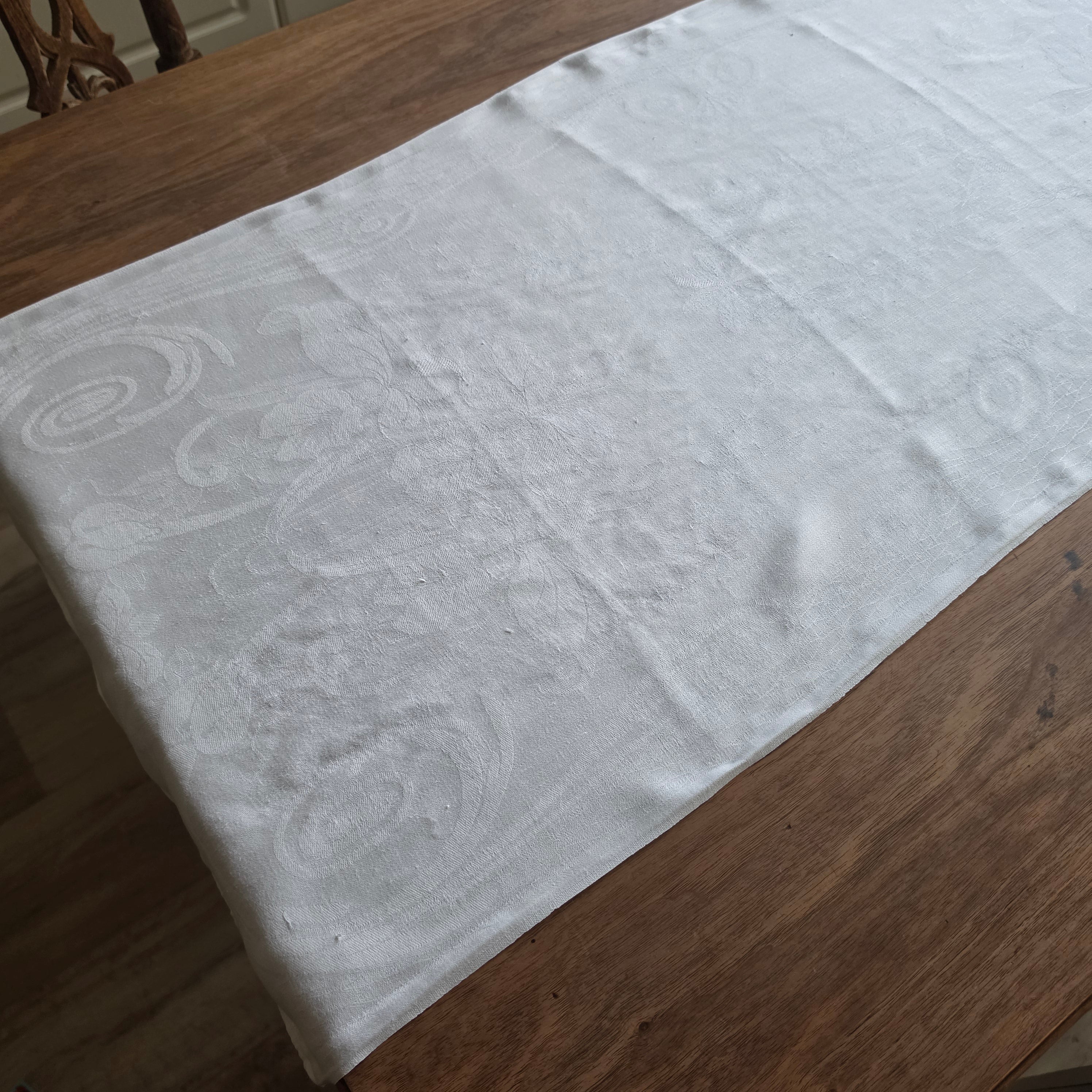 Antikes Damast-Geschirrtuch - Tischläufer - Halbleinen mit Jugendstil-Muster - 50x127cm