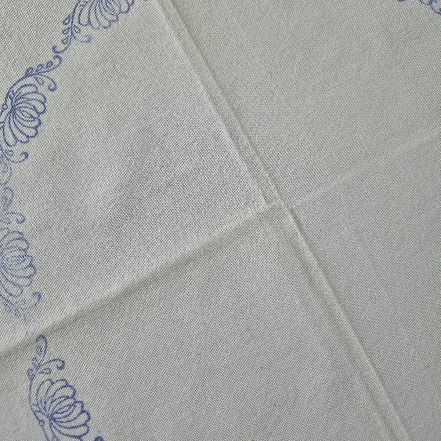 Vintage Baumwolle Tischdecke weiß blau bedruckt Stempel 96x97cm