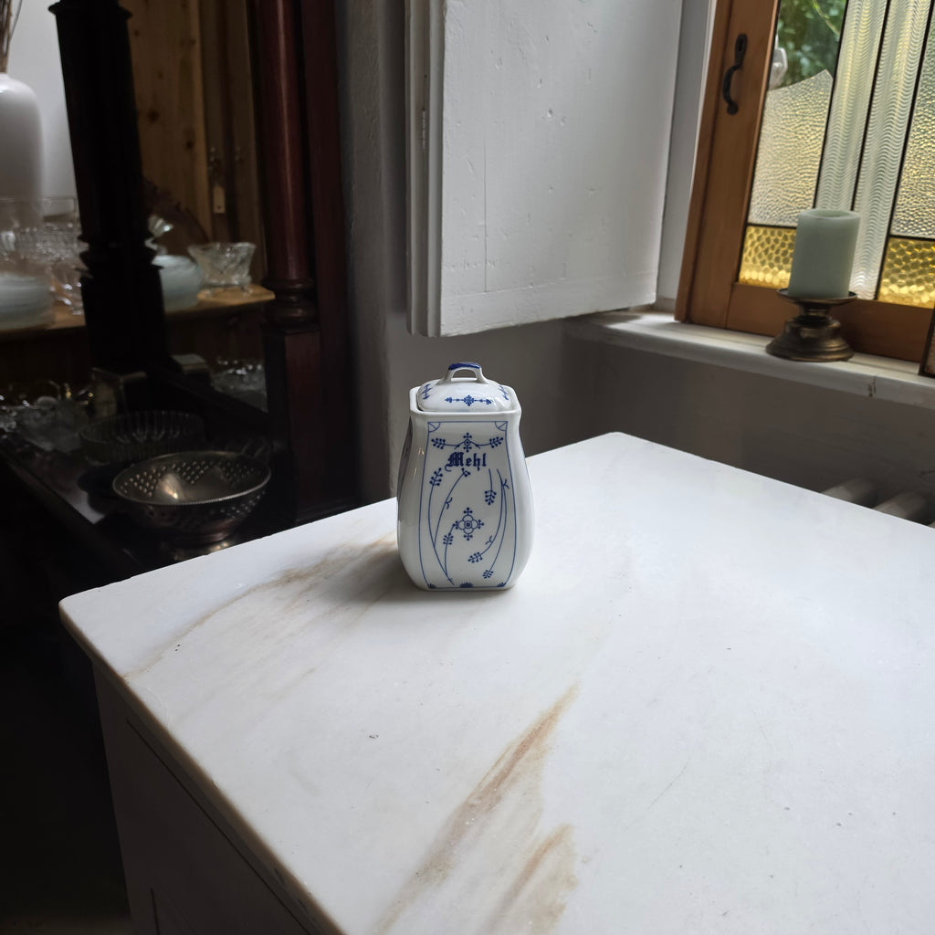 Antike Mehldose aus Porzellan mit Deckel – Zwiebelmuster / Strohmuster Blau-Weiß – Vintage Vorratsdose Küche