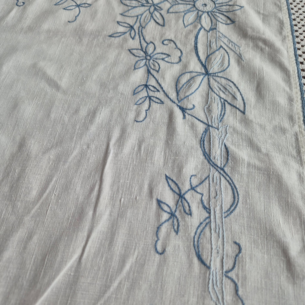 Antikes Überhandtuch Gardine blau weiß handmade 80x109cm Mini Stockflecken und Monogram M.S.