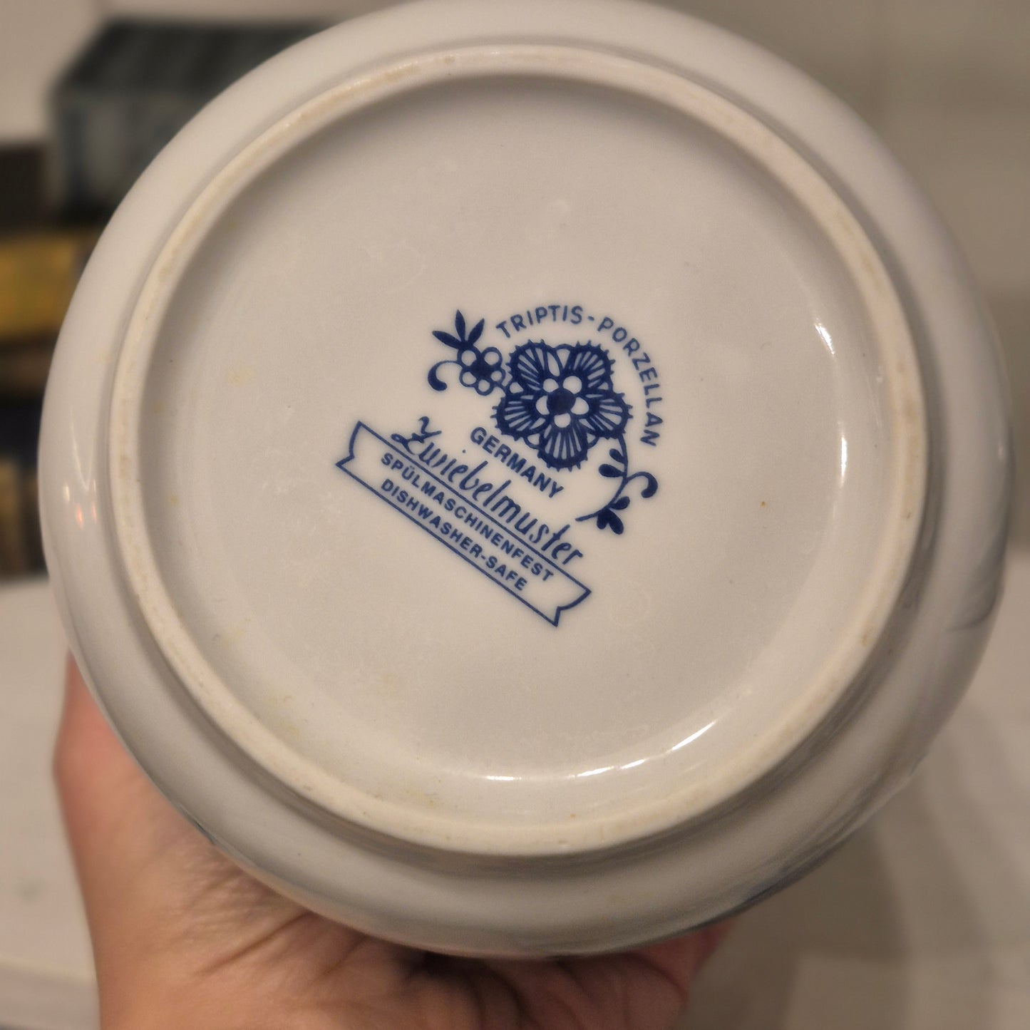 Vintage Übertopf Topf Gefäß für Tischreste Triptis Porellan Zweibelmuster