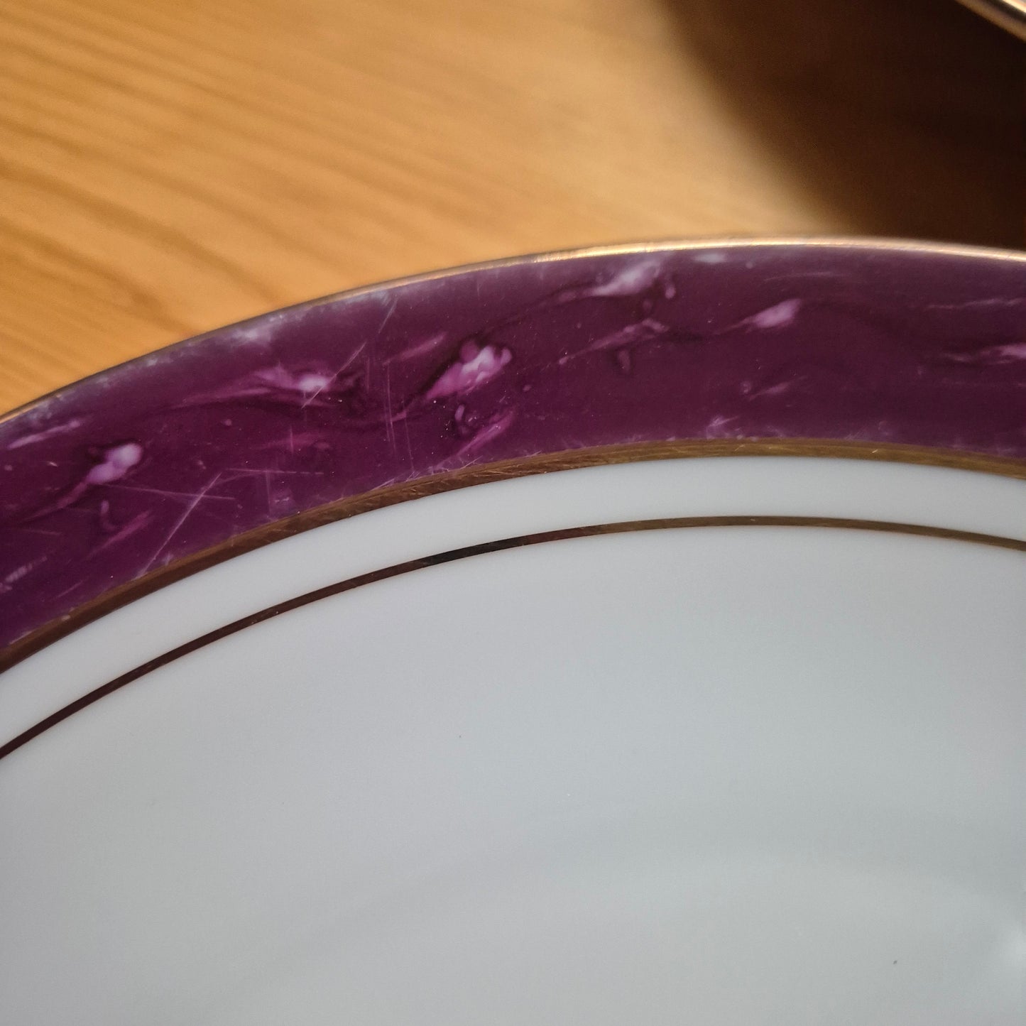 6x Antike flache Speiseteller Blumendekor weiß mit lila Goldrand