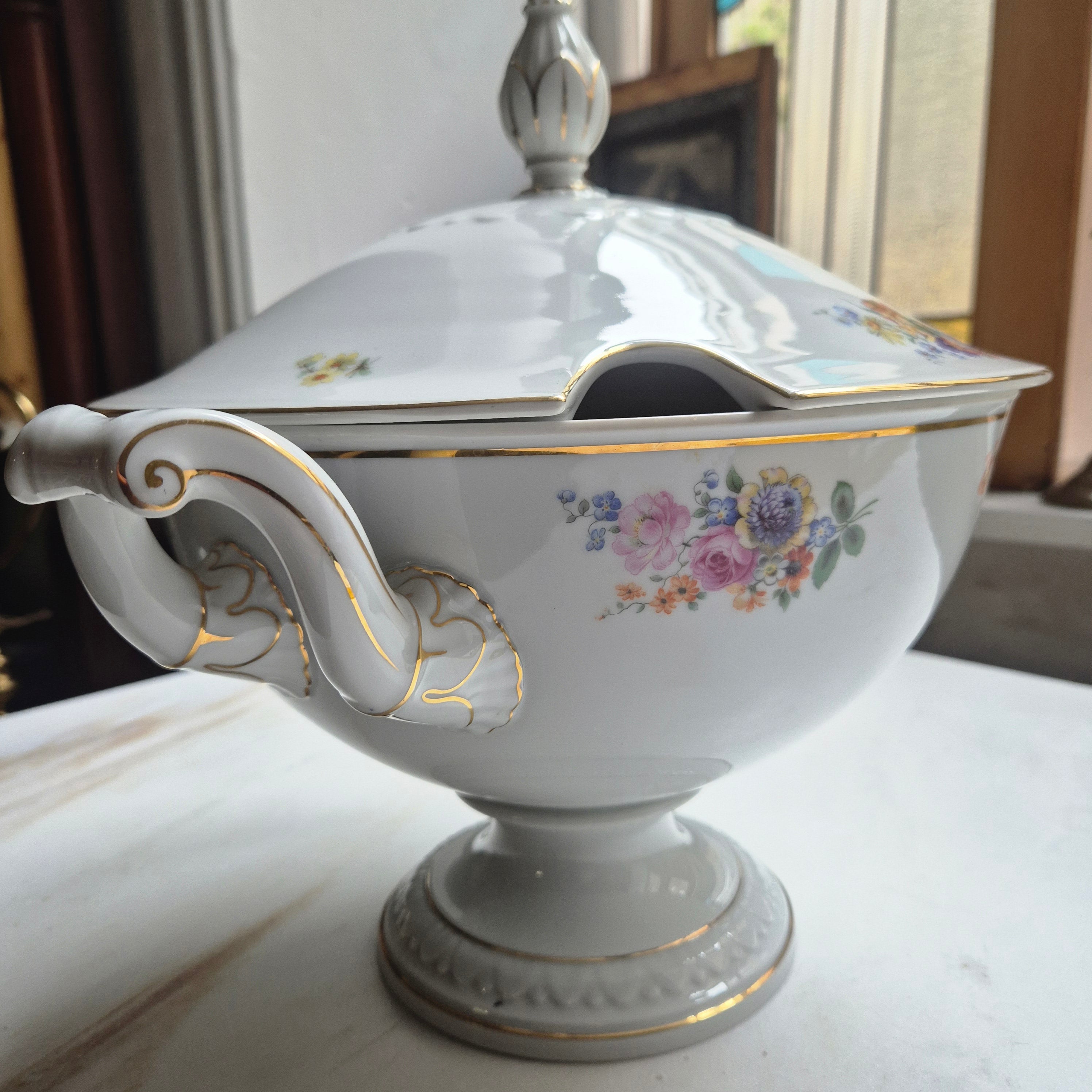 Antike große Rosenthal Empire Terrine Suppenterrine Schüssel mit Deckel Blumenmalerei Porzellan