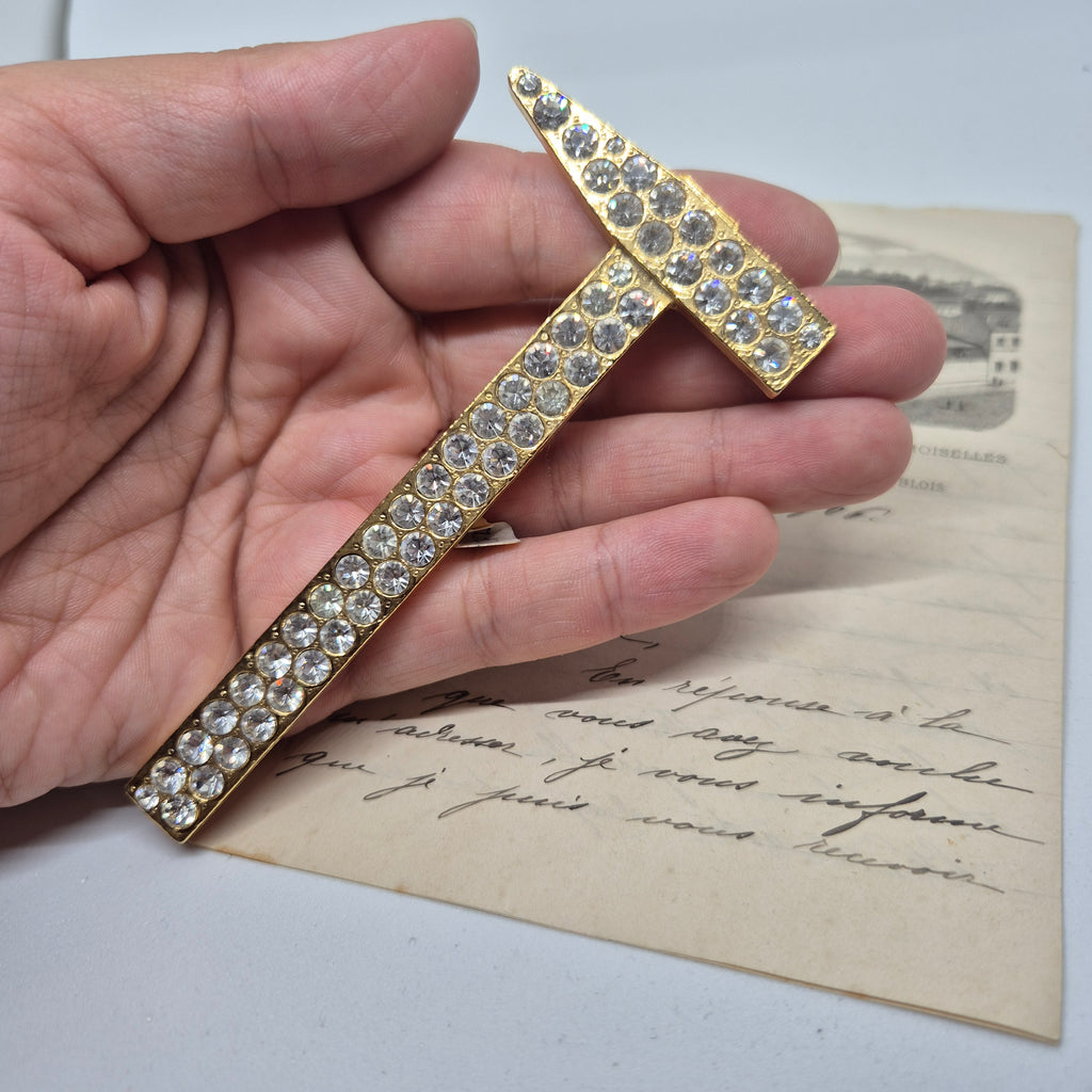 50er Jahre große Antik Brosche Werkzeug Modeschmuck Gold Strasssteine Hammer Handwerker