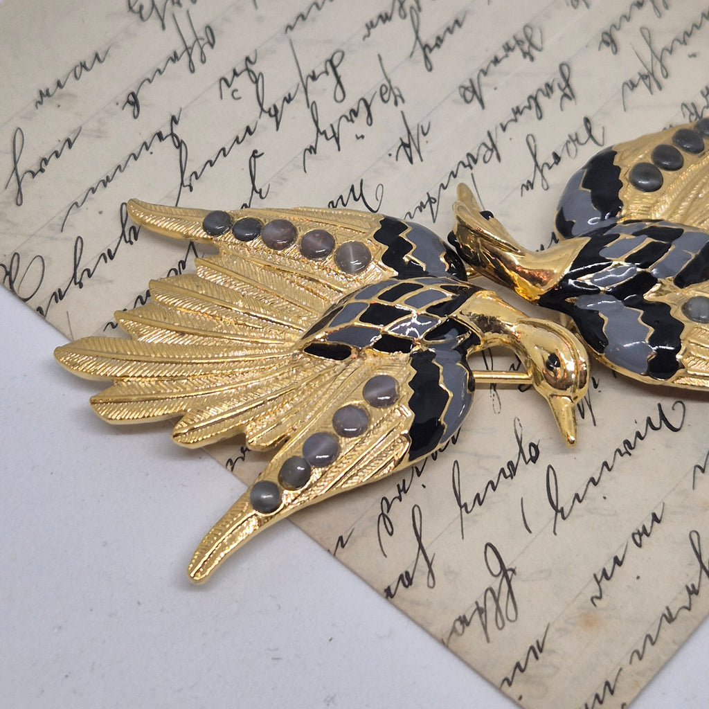 Vintage Gürtelschnalle 2-Teilig Trachtenschnalle Taillengürtel aus den 80ern-Handmade aus Berlin gold grau Schwan Kranich Vogel
