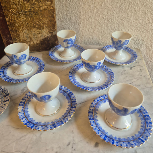 7x Antike Porzellan Eierbecher echt Tuppack China Blau Tiefenfurt Blau Weiß (3x mit Abplatzer)
