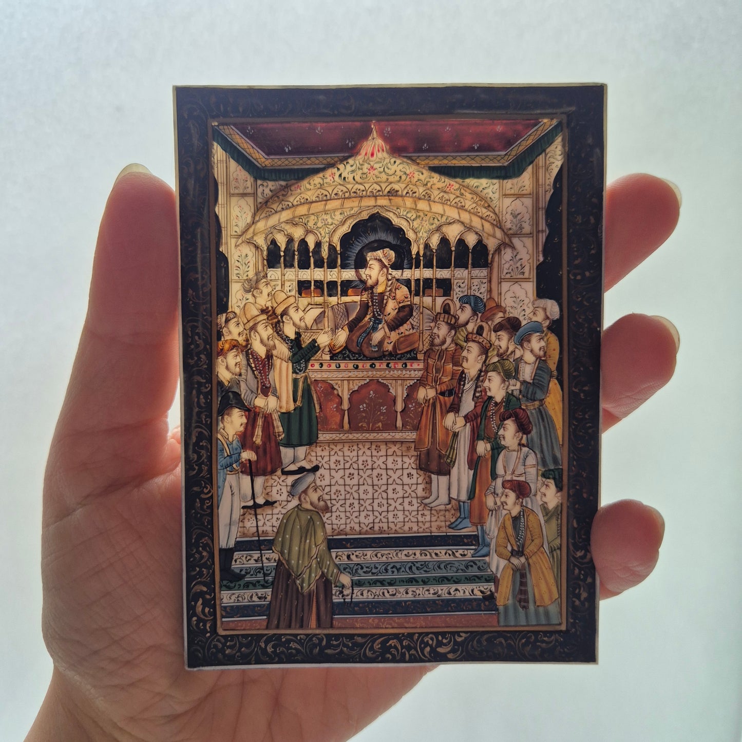 Antike Mogul Miniatur Gemälde Handarbeit König Shamjahan Taj Mahal Gericht Szene