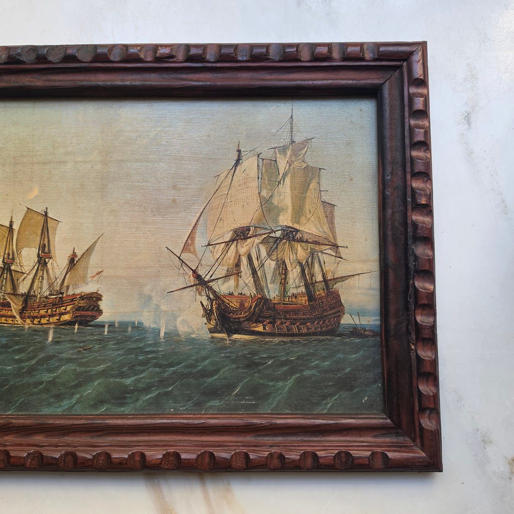 Vintage Maritimes Bild im Holzrahmen – Historische Seeschlacht mit Segelschiffen („Made in Spain“)