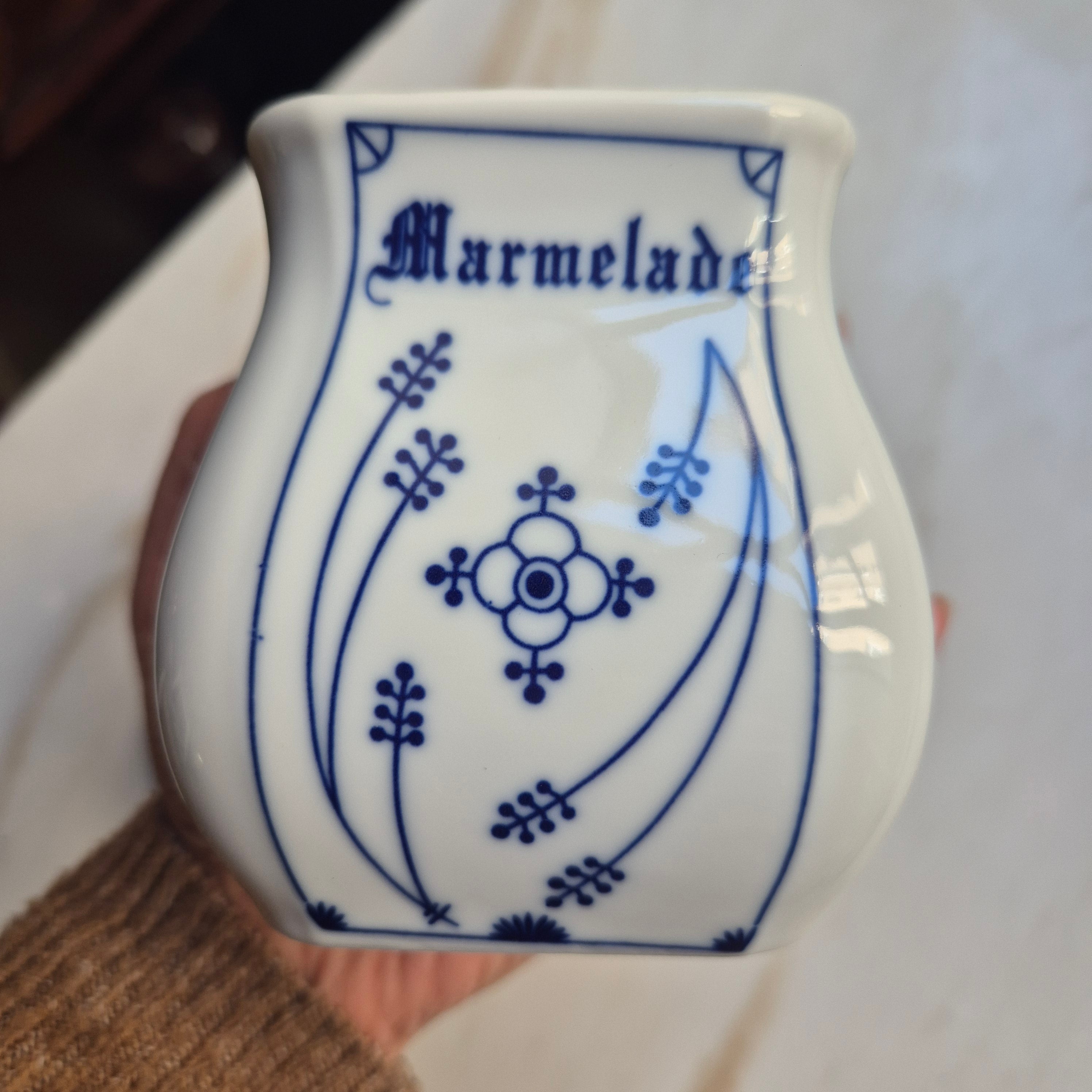 Vintage Marmeladendose aus Porzellan - Indischblau - Strohblumen-Dekor