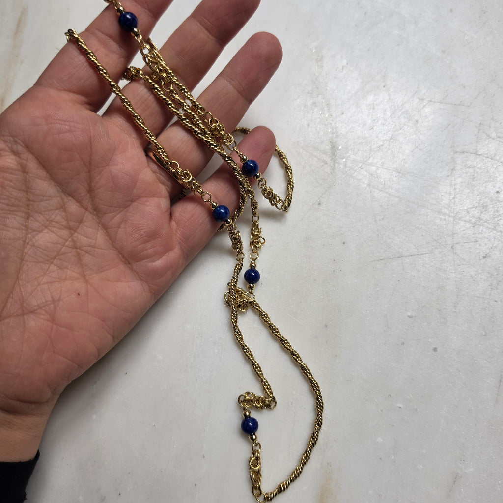 Vintage Amerik Double Goldhalskette mit blauen Edelstein-Perlen (Lapis Lazuli Optik)