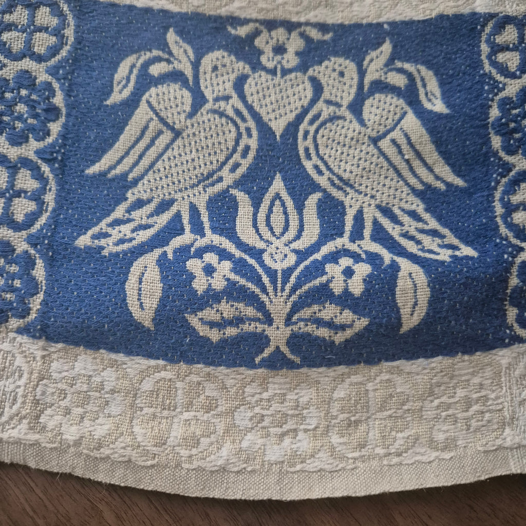 Antikes Jugendstil blau weißes Leinen Tuch Tischdecke Tauben Liebe 93x93cm