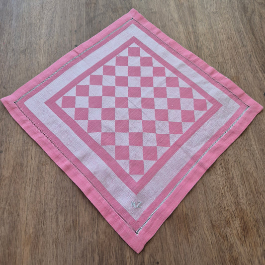Vintage Rosa weiße Stoff Serviette Einstecktuch Monogramm M.Z 34x34cm Baumwolle