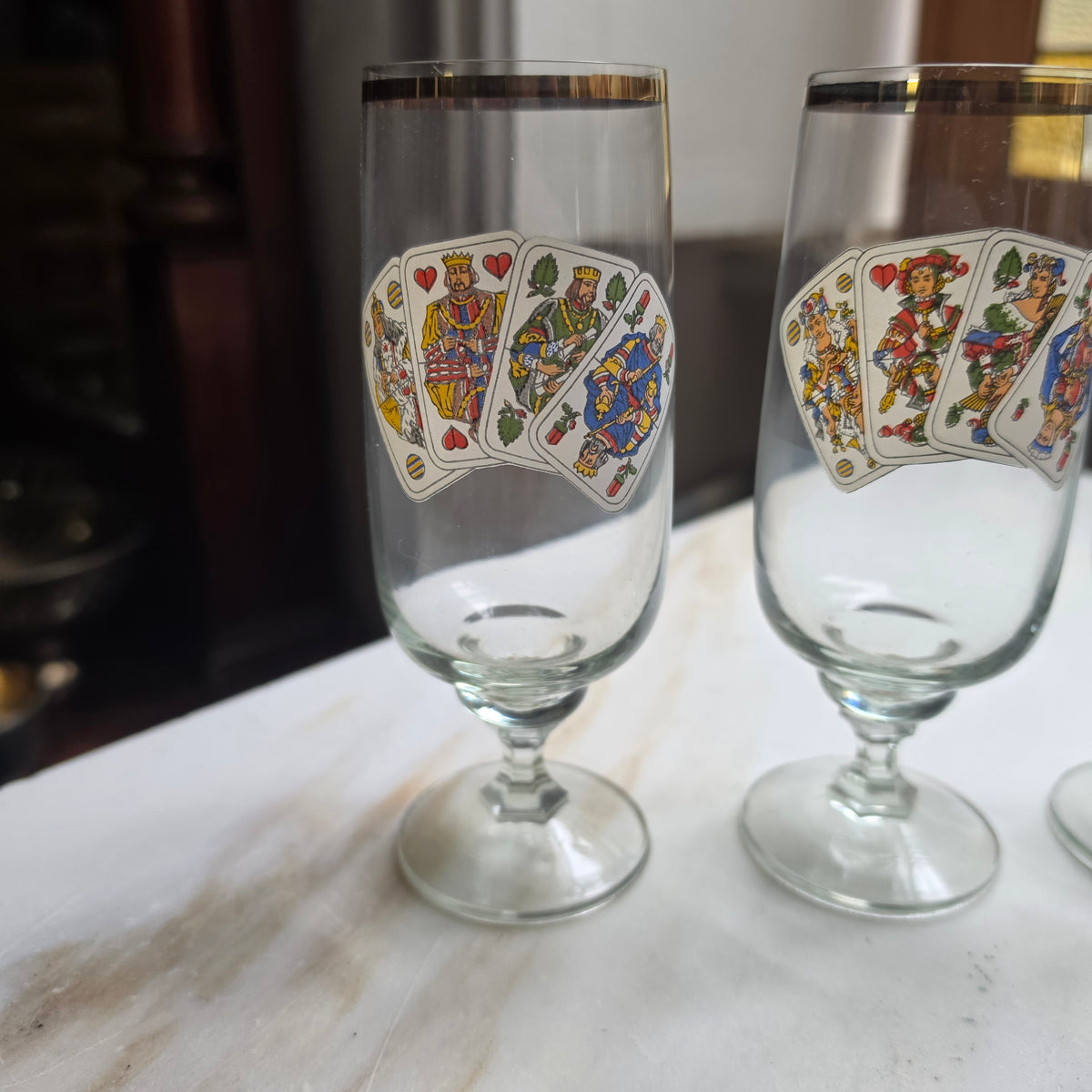 5x Vintage Sektgläser - Aperitifgläser mit Spielkarten-Motiv & Goldrand