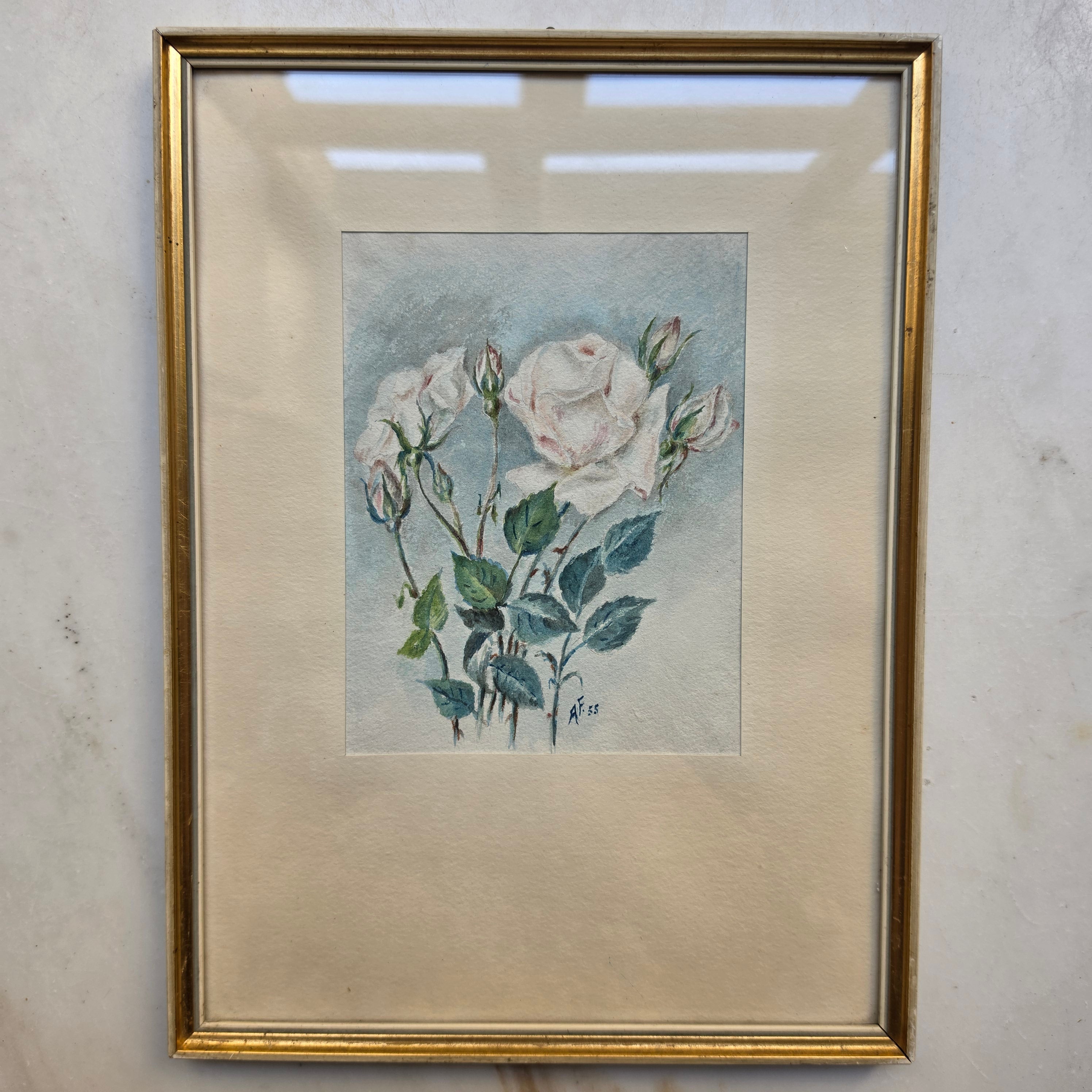 Vintage Rosen-Aquarell „A. Fischer“ (1948) im Goldrahmen