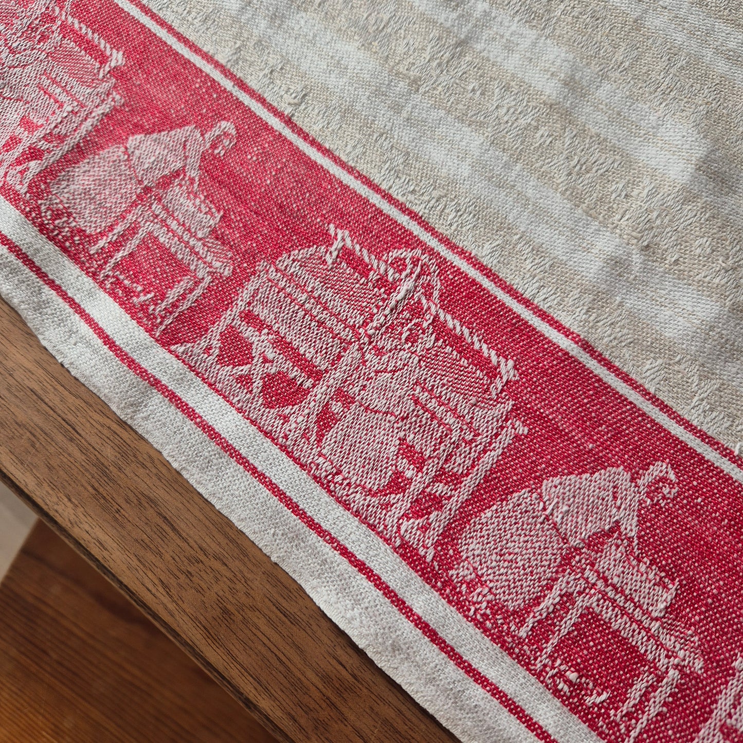 Antikes Rolltuch Mangeltuch Rot Creme Leinentuch Tischdecke Wäsche mit Monogramm 🤍