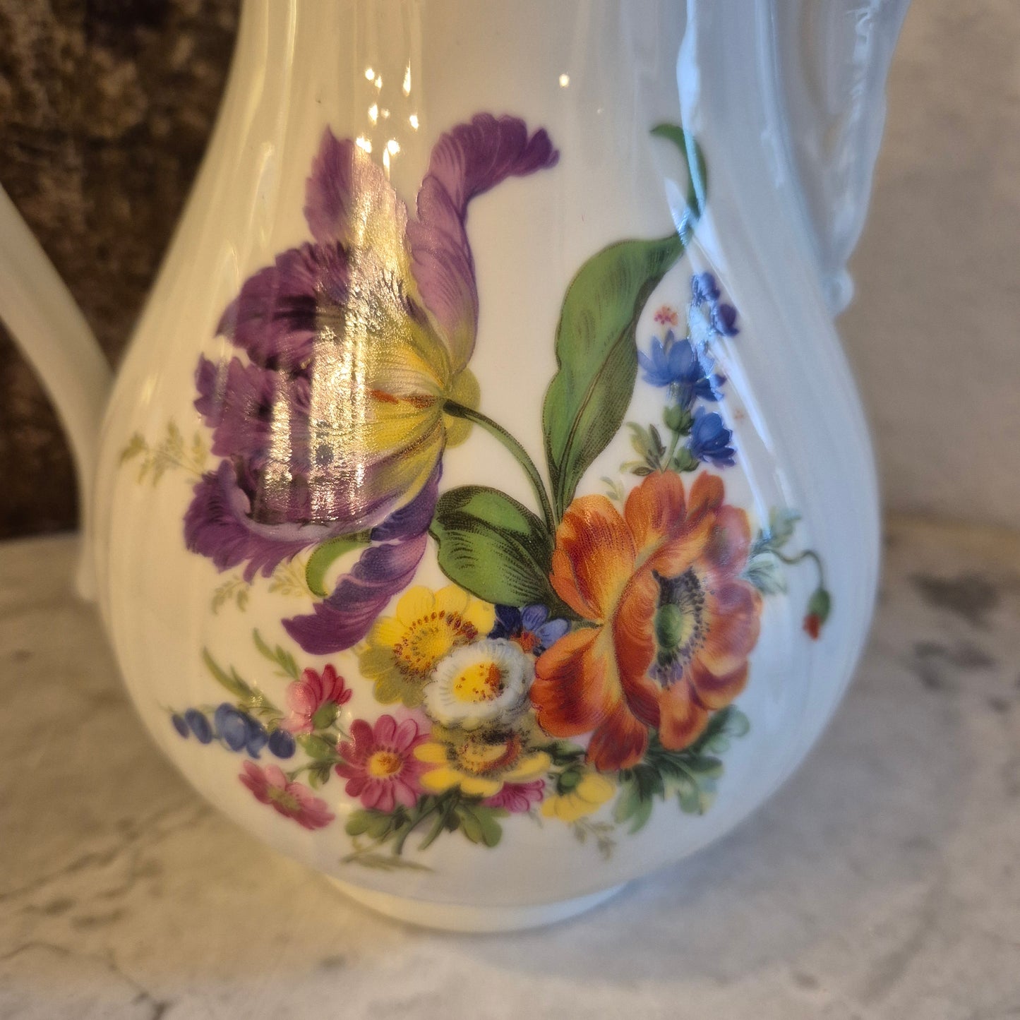 Antike Hutschenreuther Dresden Porzellan Kanne Kaffeekanne Teekanne Blumenmotiv Reliefrand