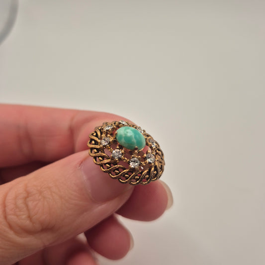 Feine 50er Jahre Brosche gold aquagrün Strasssteine edel Punze 41