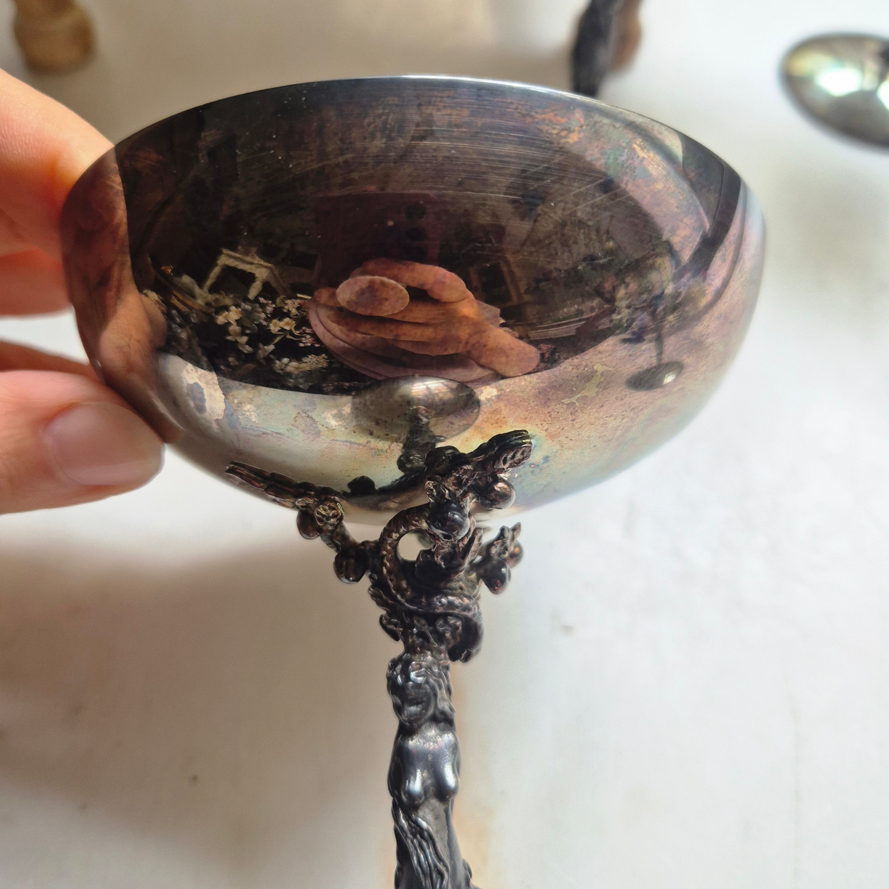 6x Dekorative Jugendstil Champagner Metallkelche versilbert - zum aufpolieren! "Eva mit Apfelbaum"