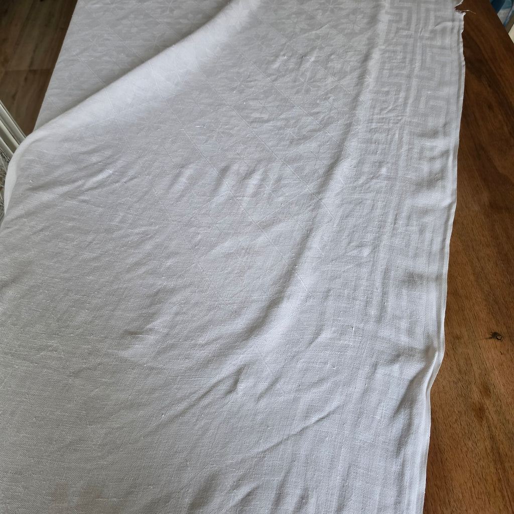 Antike Damast-Tischdecke Leinen | Sternenmuster & Mäander-Rand | Für Upcycling / Shabby 250x125cm
