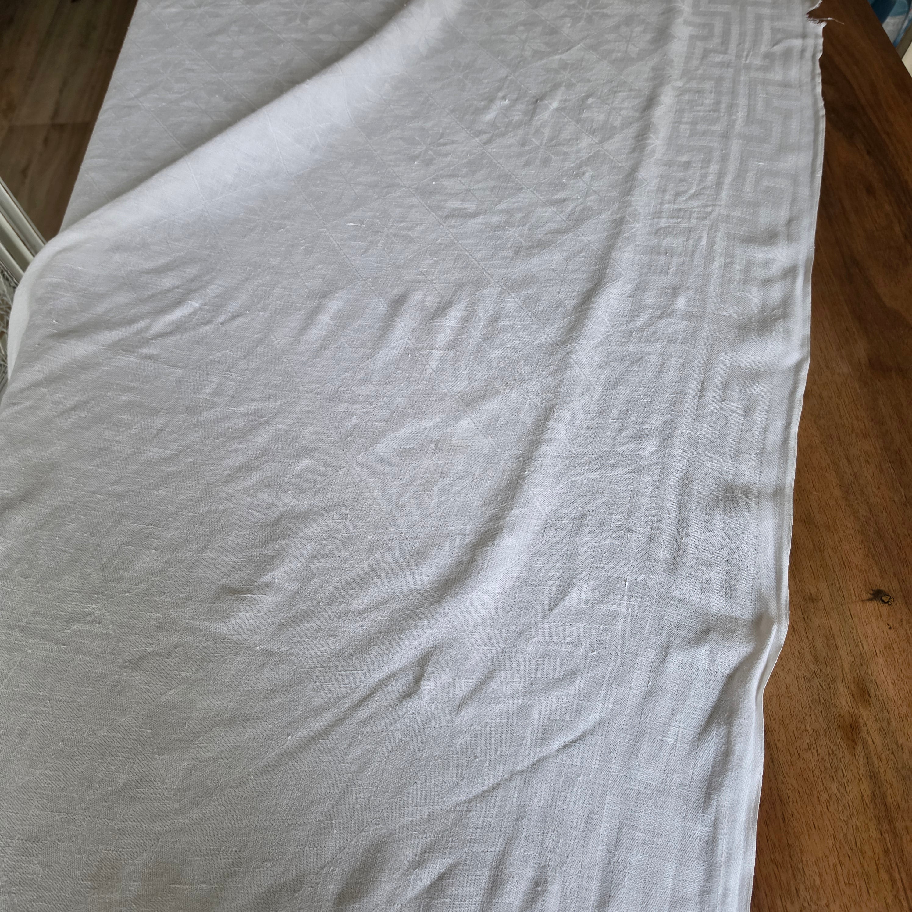 Antike Damast-Tischdecke Leinen | Sternenmuster & Mäander-Rand | Für Upcycling / Shabby 250x125cm