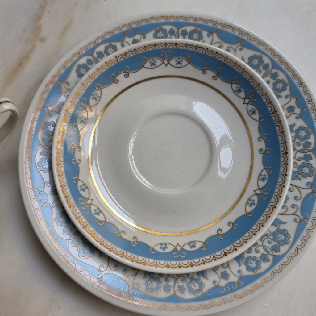Antikes Teegedeck 3-teilig – CP Lettin Porzellan mit blauer Ornamentik & Goldrand