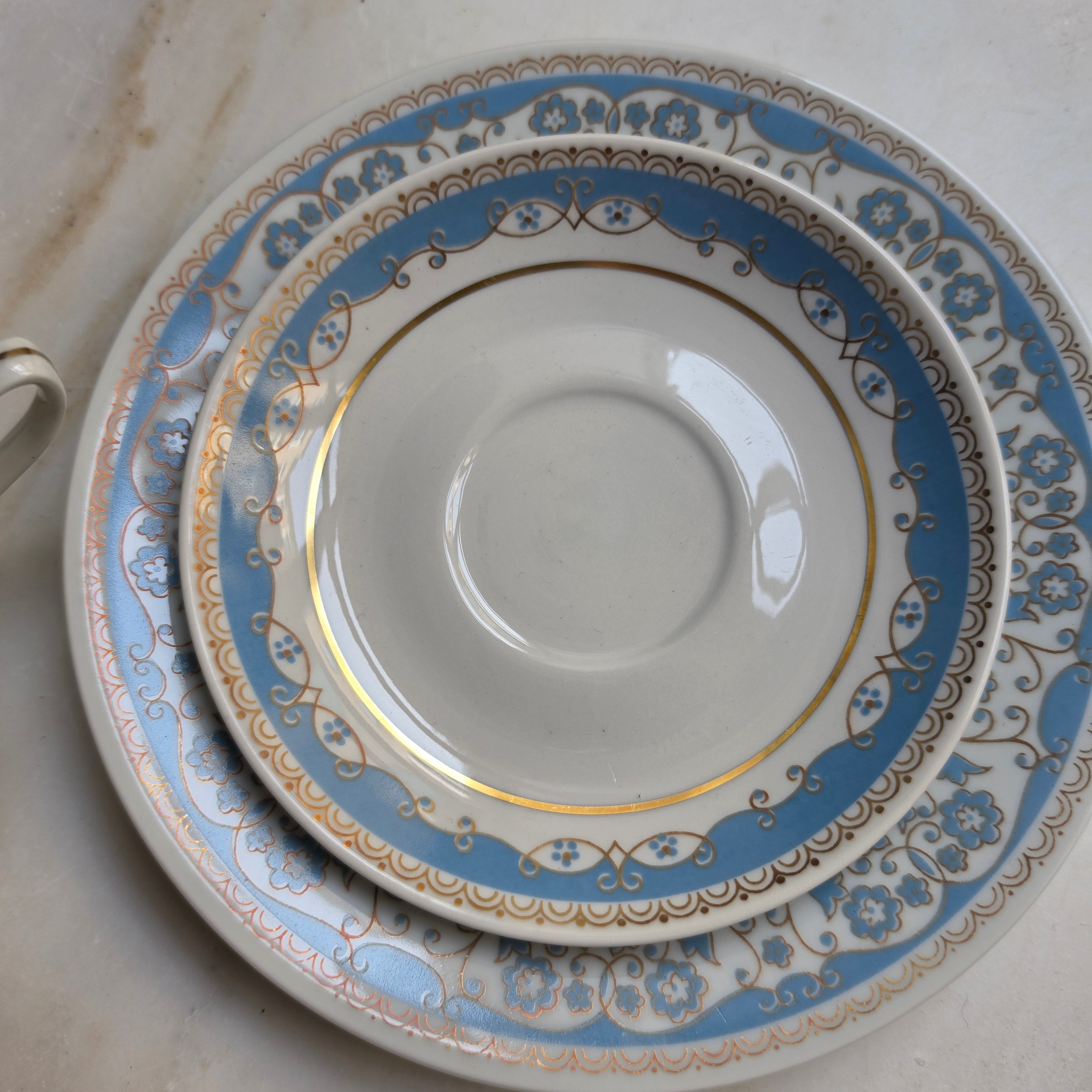 Antikes Teegedeck 3-teilig – CP Lettin Porzellan mit blauer Ornamentik & Goldrand