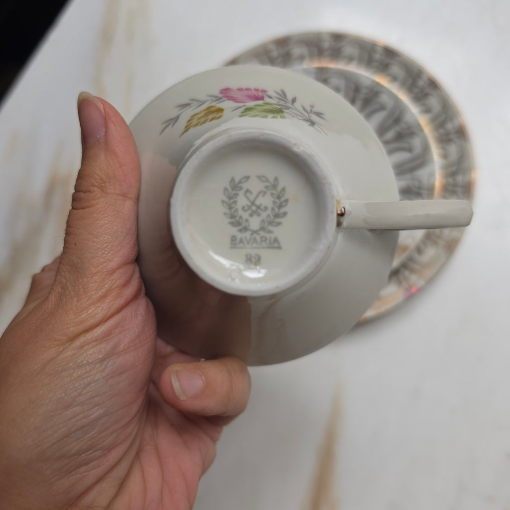 Vintage Porzellan Sammeltasse mit Unterteller & Kuchenteller (3-teilig) – Bavaria – Elegantes Golddekor & Blütendesign