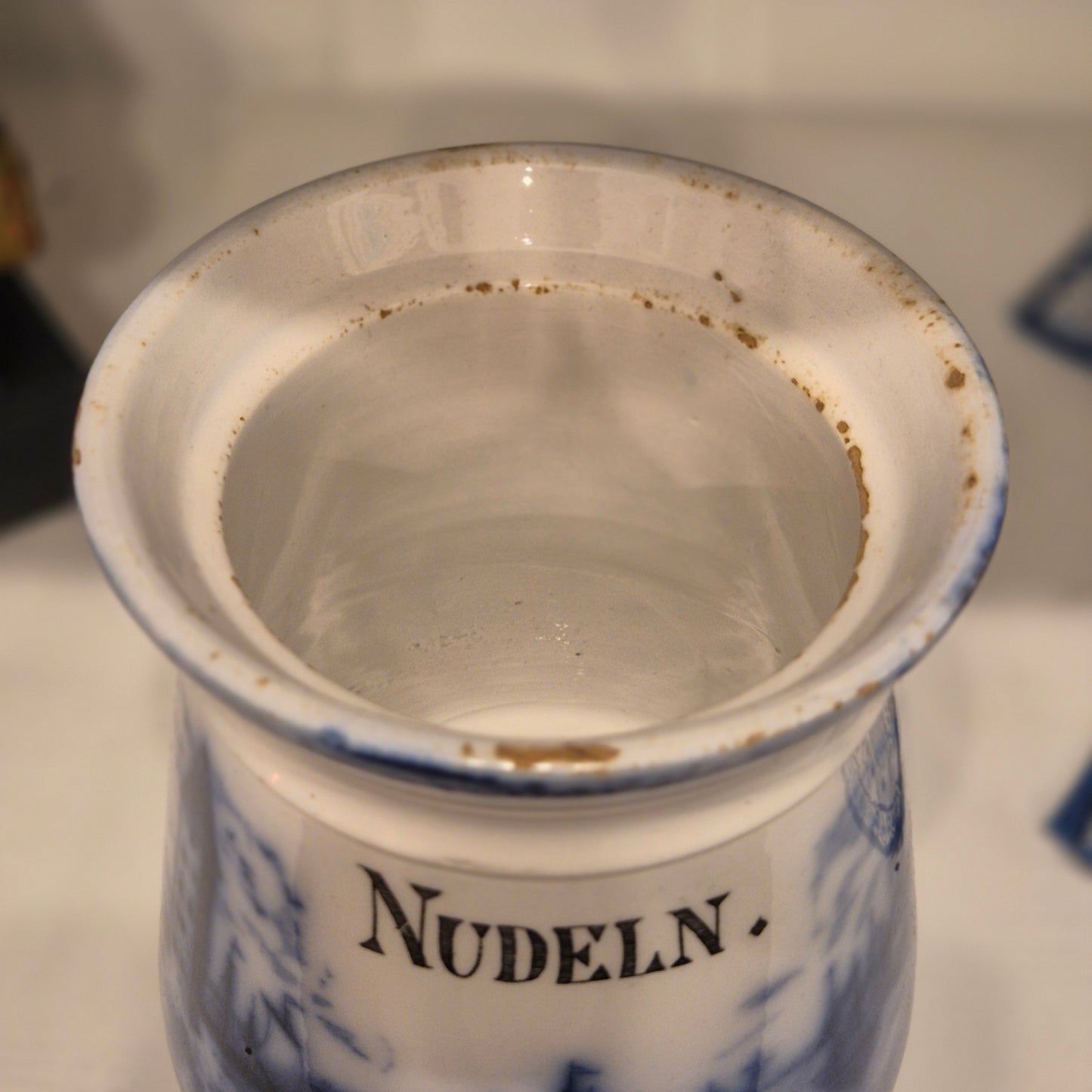 Antike H.H & Cie Delft Vorratsdose ohne Deckel blau weiß 120Jahre alt Kochlöffelhalter Aufschrift "Nudeln"