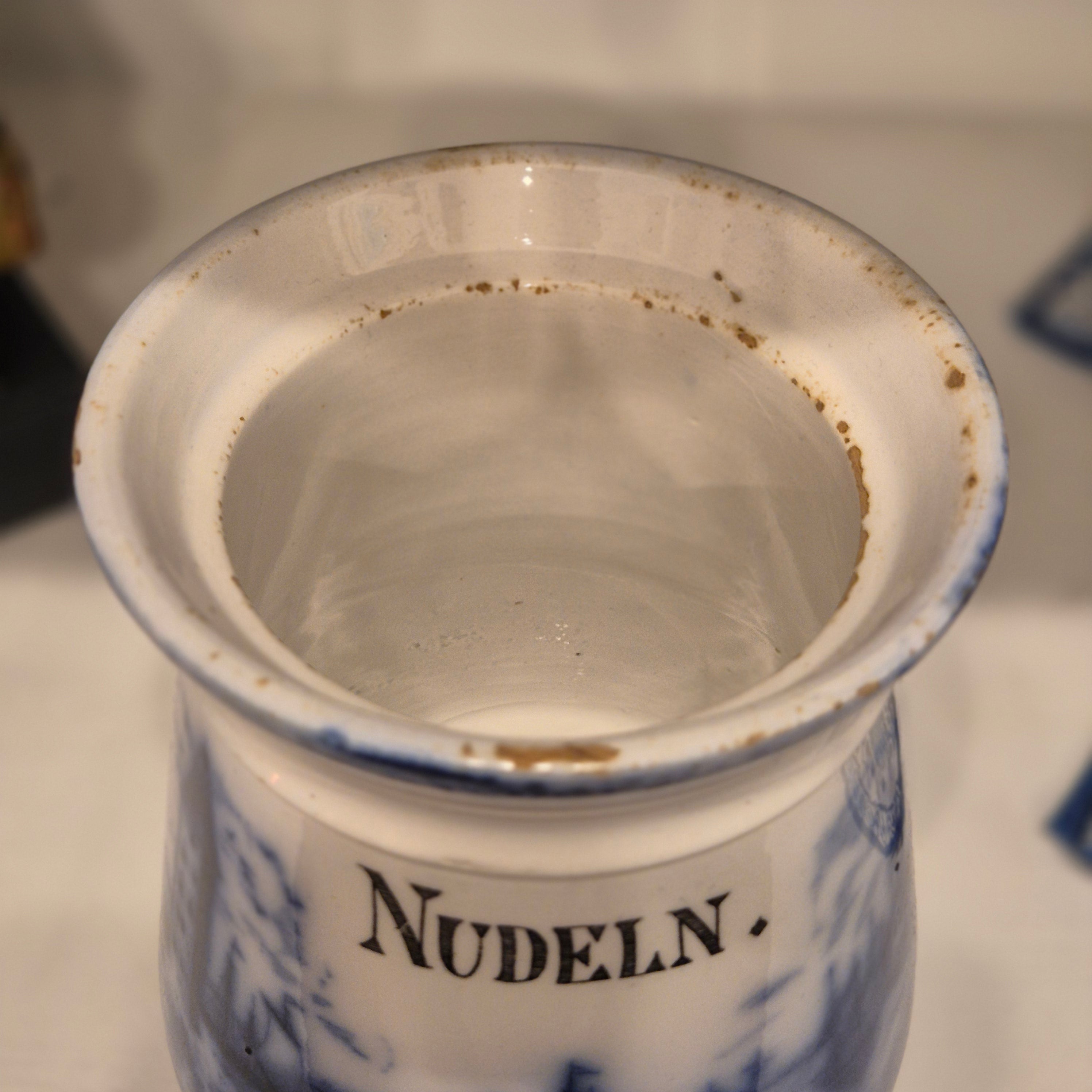 Antike H.H & Cie Delft Vorratsdose ohne Deckel blau weiß 120Jahre alt Kochlöffelhalter Aufschrift "Nudeln"
