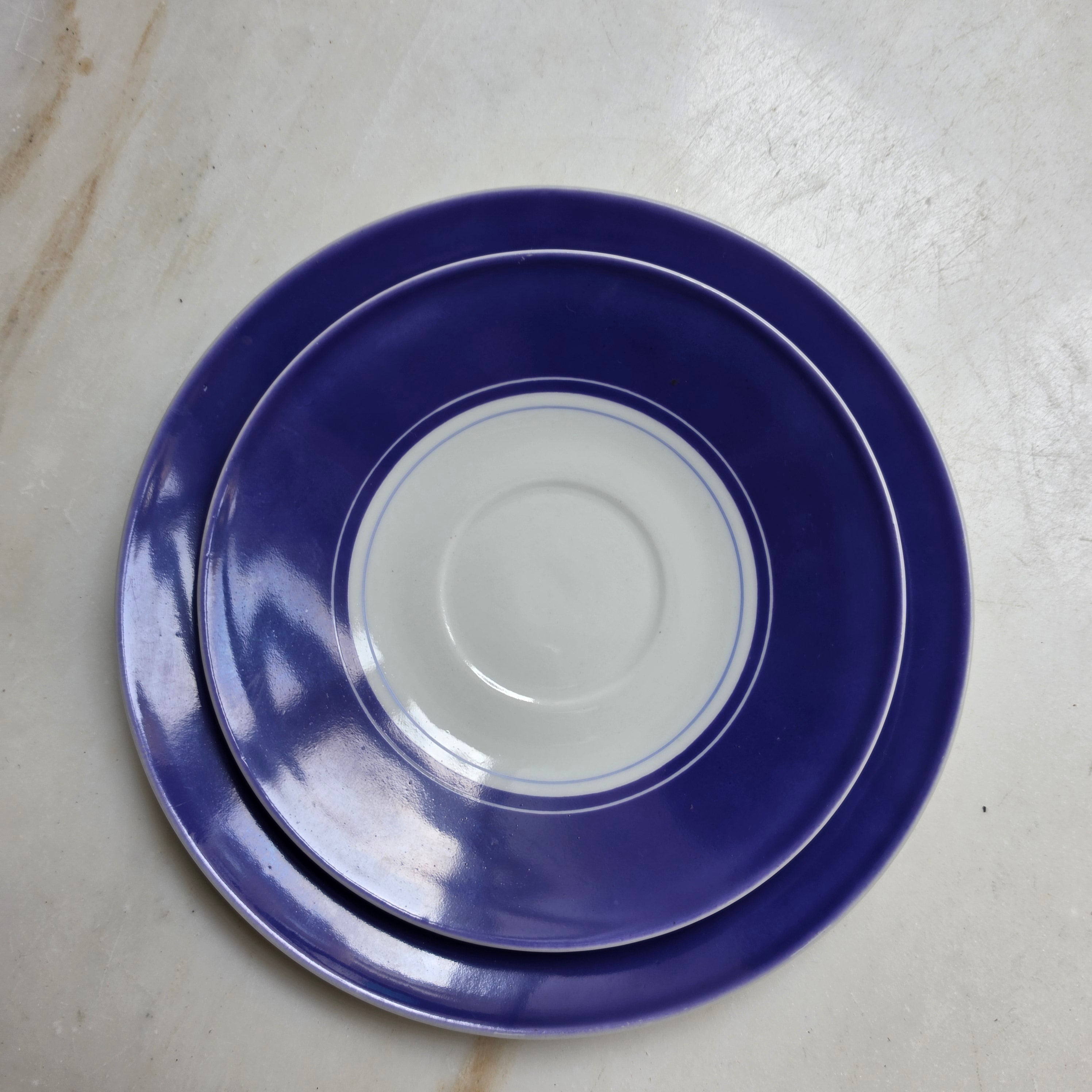 Vintage Porzellan Sammelgedeck 3-teilig – Kobaltblau & Weiß – Mid-Century Design