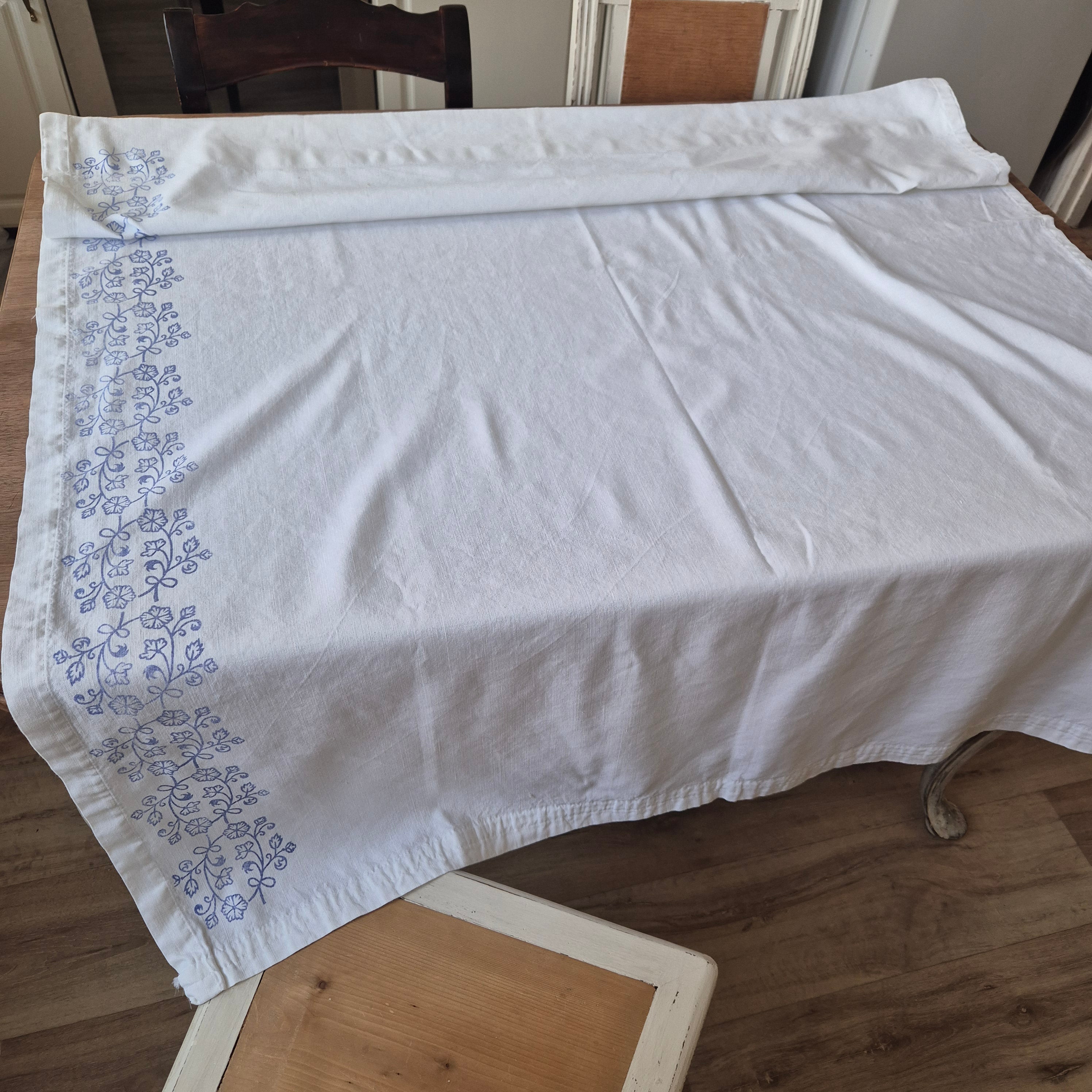 Vintage Baumwolle Gardine mit blauem Stempel Muster rechte Seite 118x166cm Handgemacht