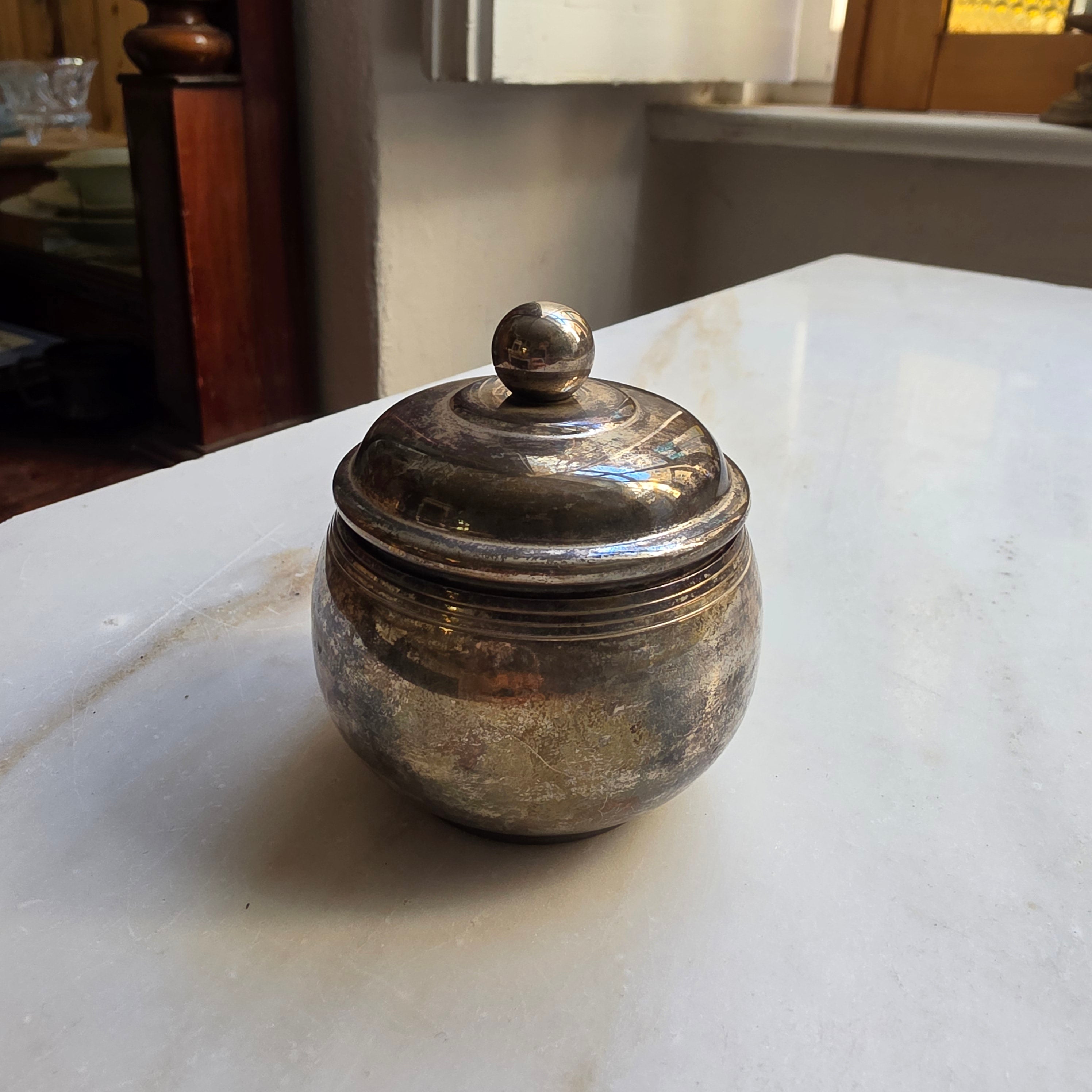 Antike Art Deco Zuckerdose mit Deckel Metall zum Aufpolieren