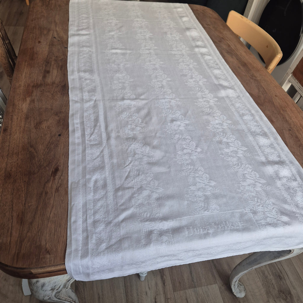 Antikes Baumwolle Damast Tischtuch - Läufer - Weiß - 57x166cm - Initialen "Dora Volker"