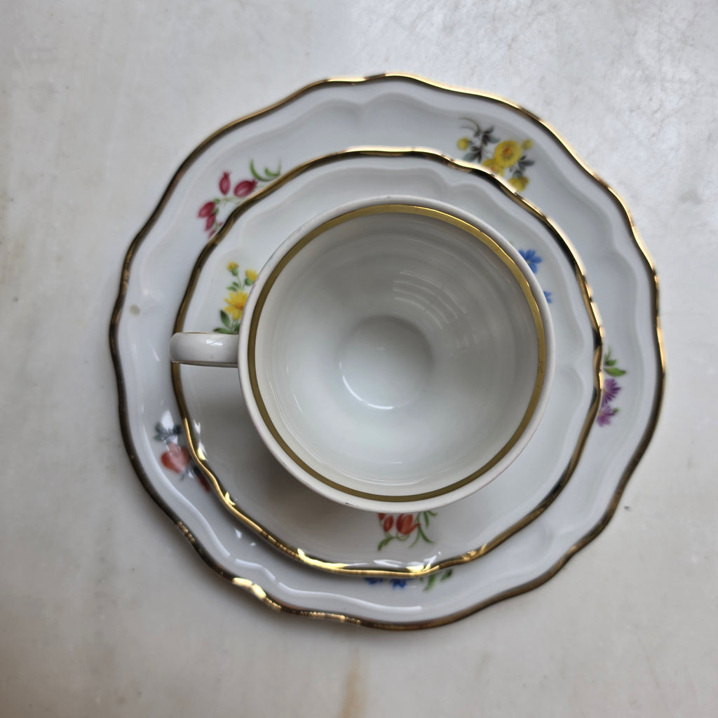 Vintage Schirnding Bavaria 3-teiliges Kaffeegedeck – Romantisches Blumendekor mit Goldrand