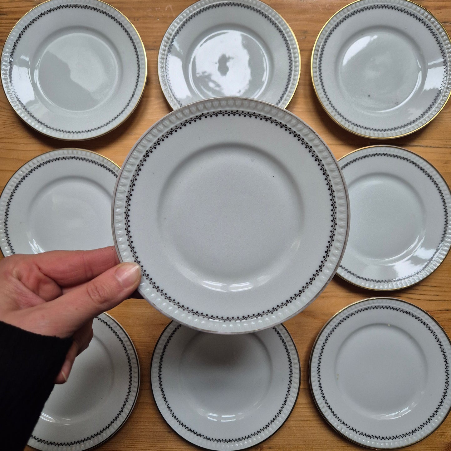 9x Vintage Dessertteller / Kuchenteller Silesia Porzellan weiß gold schwarz