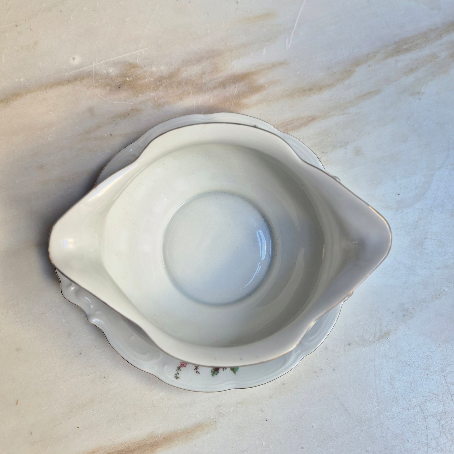 Antike Porzellan Sauciere weiß mit Blumendekor Wawel Polen