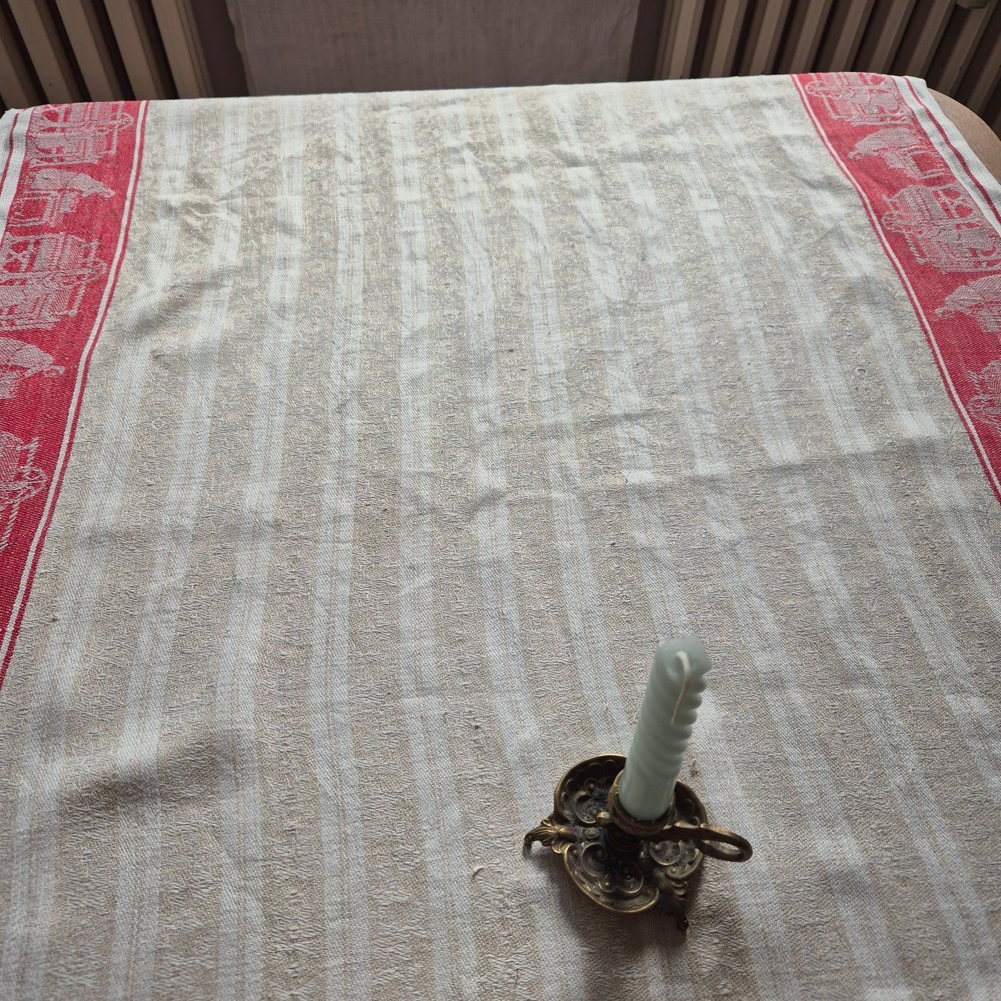 Antikes Rolltuch Mangeltuch Rot Creme Leinentuch Tischdecke Wäsche mit Monogramm 🤍