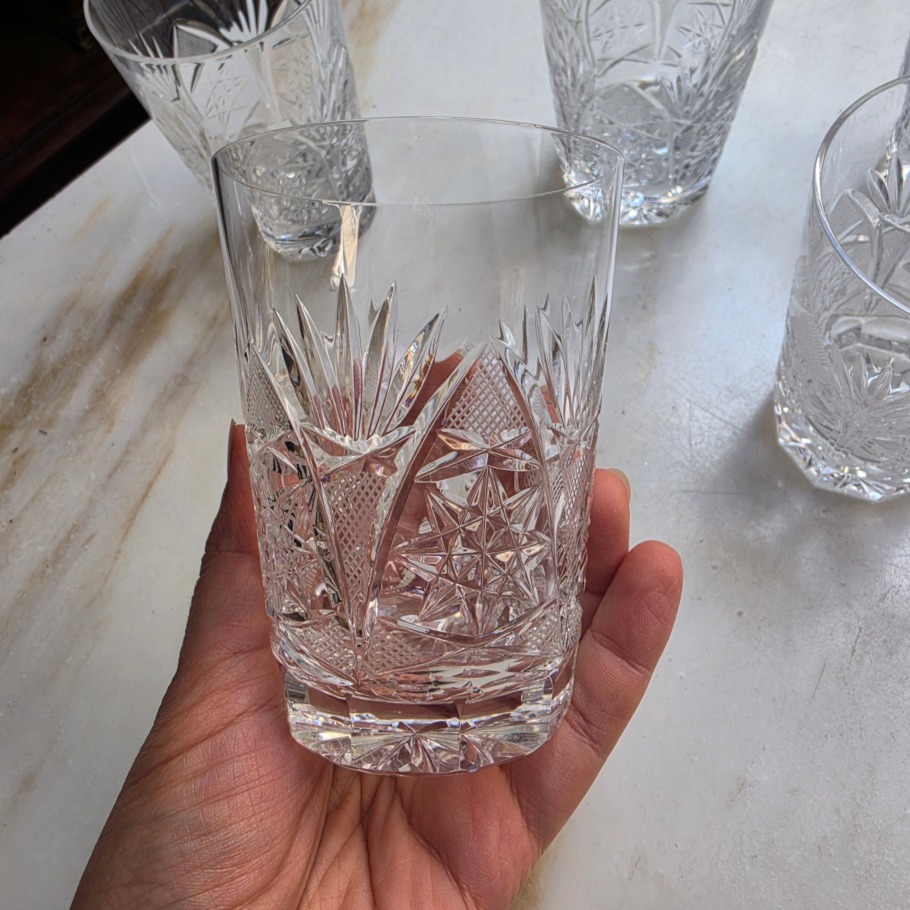 5x Vintage Kristall Whisky Gläser mit Sternschliff
