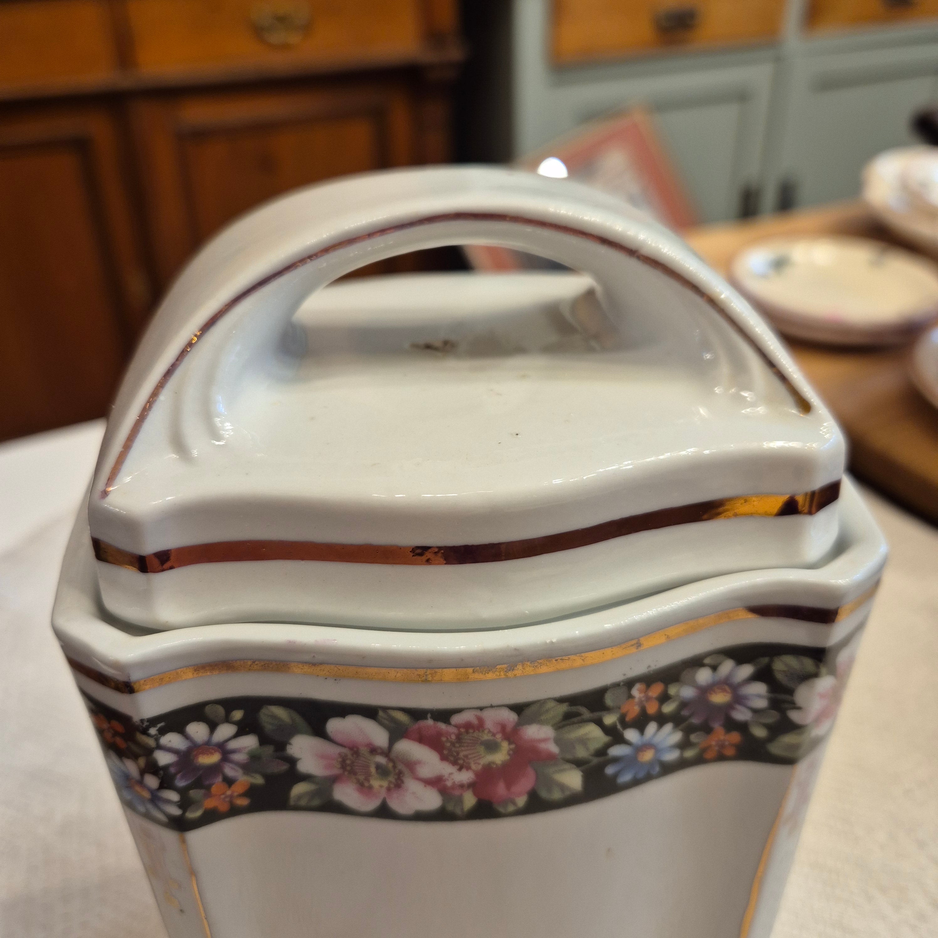 Antike Porzellan Vorratsdose Sago Art Deco um 1930 Blumen weiß