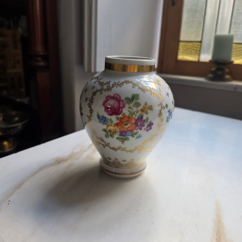 Edle Vintage Kugelvase aus Porzellan – Schumann Bavaria Filigranes Golddekor & Blumenbouquet