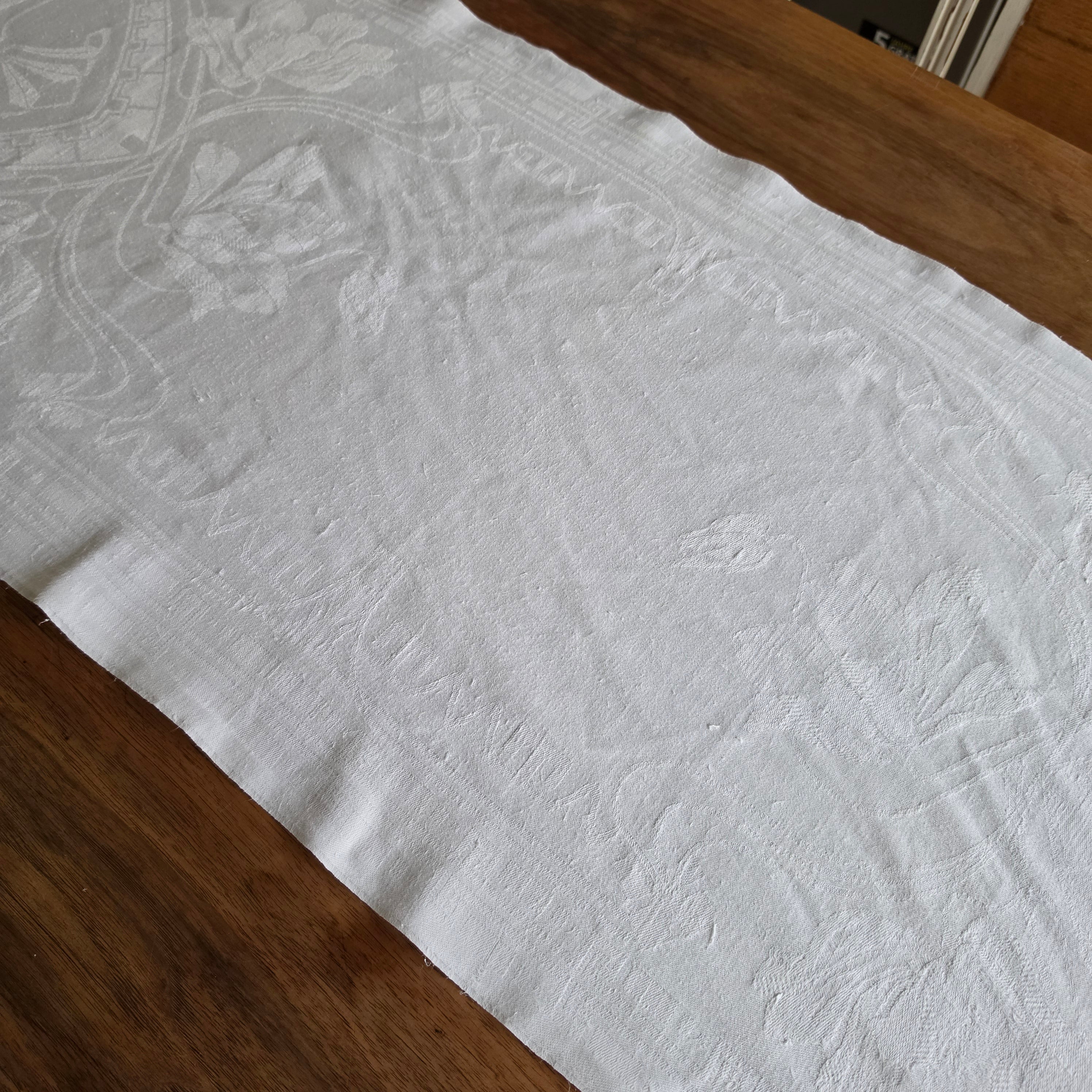 Antikes Jugendstil Damast-Geschirrtuch mit handgesticktem Monogramm – Um 1900 - 49x112cm
