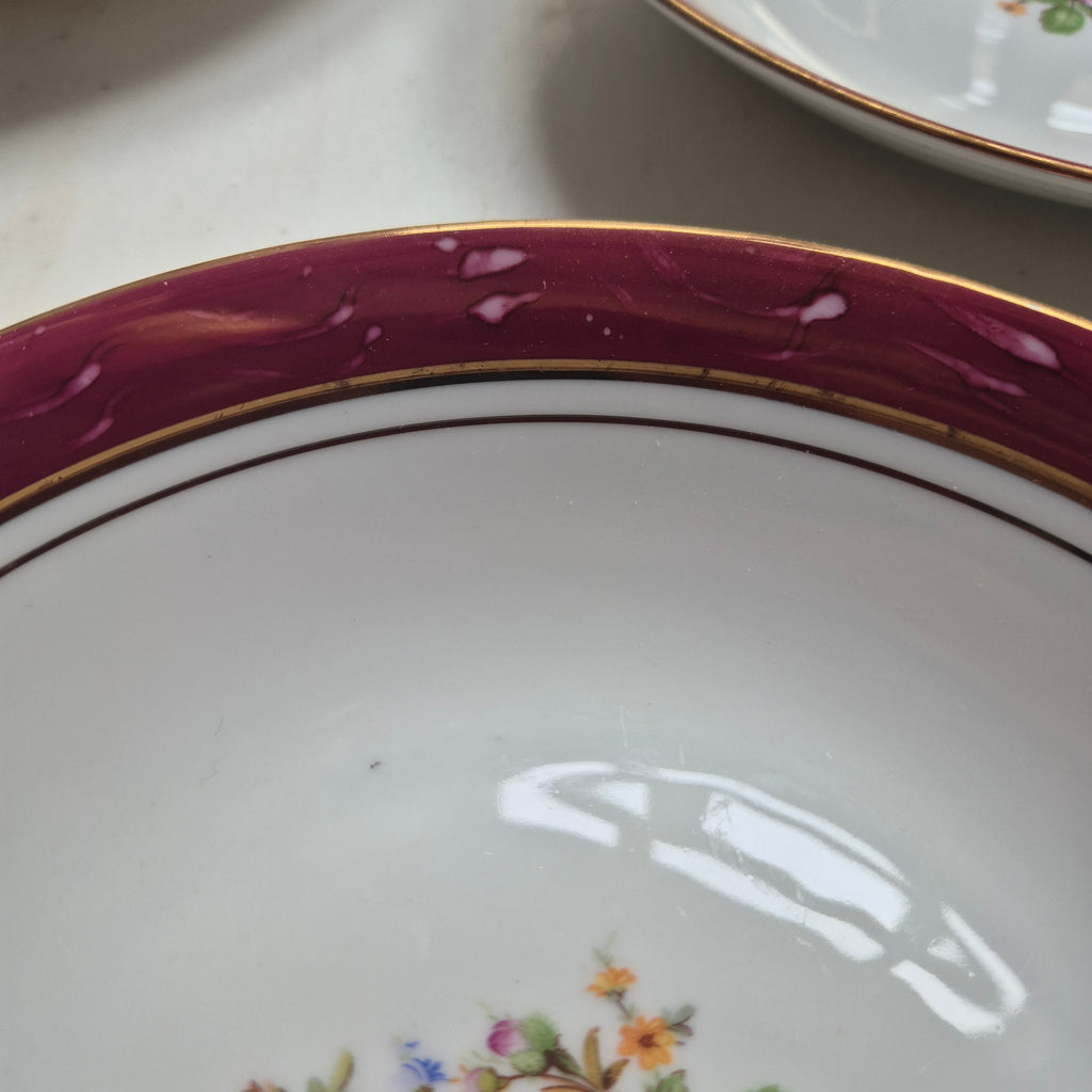 6x Antike tiefe Speiseteller Blumendekor weiß mit lila Goldrand