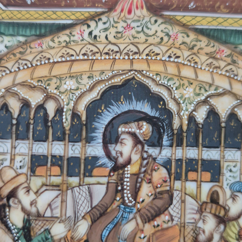 Antike Mogul Miniatur Gemälde Handarbeit König Shamjahan Taj Mahal Gericht Szene