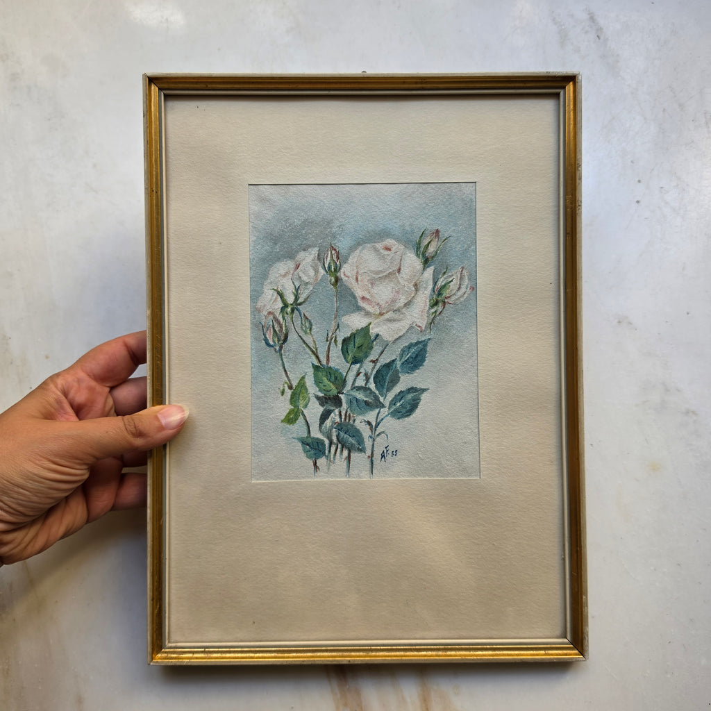 Vintage Rosen-Aquarell „A. Fischer“ (1948) im Goldrahmen