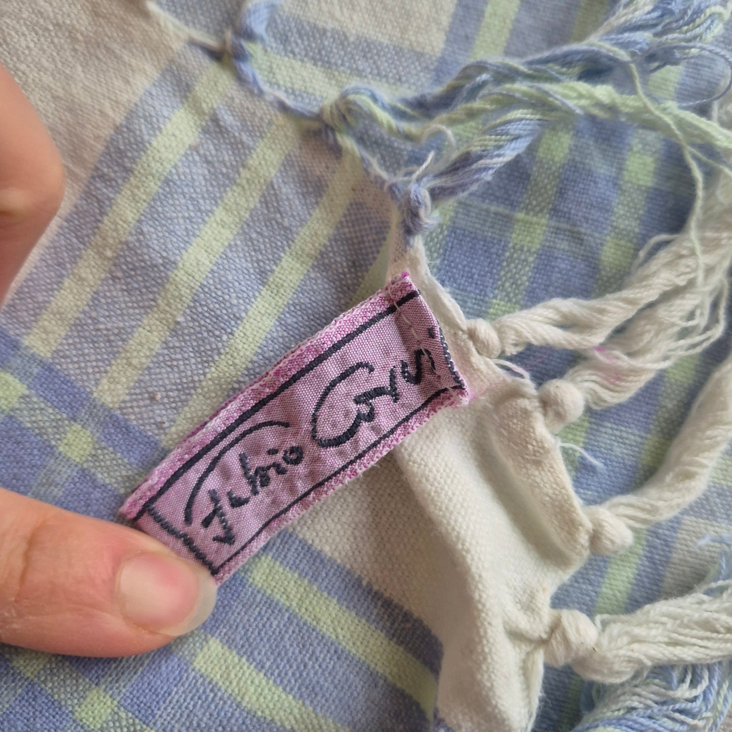 Vintage Karo Tischdecke grün blau Baumwolle 165x165cm